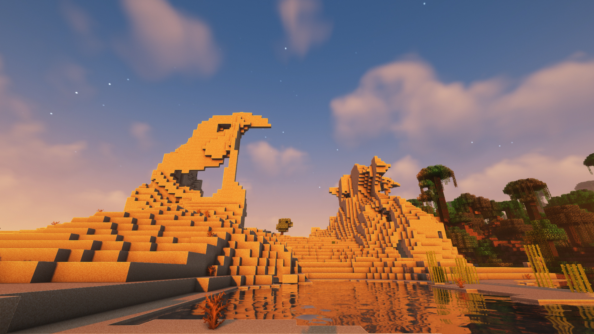 Minecraft sand cliff arch, Minecraft shader water reflections, Minecraft desert jungle landscape, Full HD Desktop wallpaper