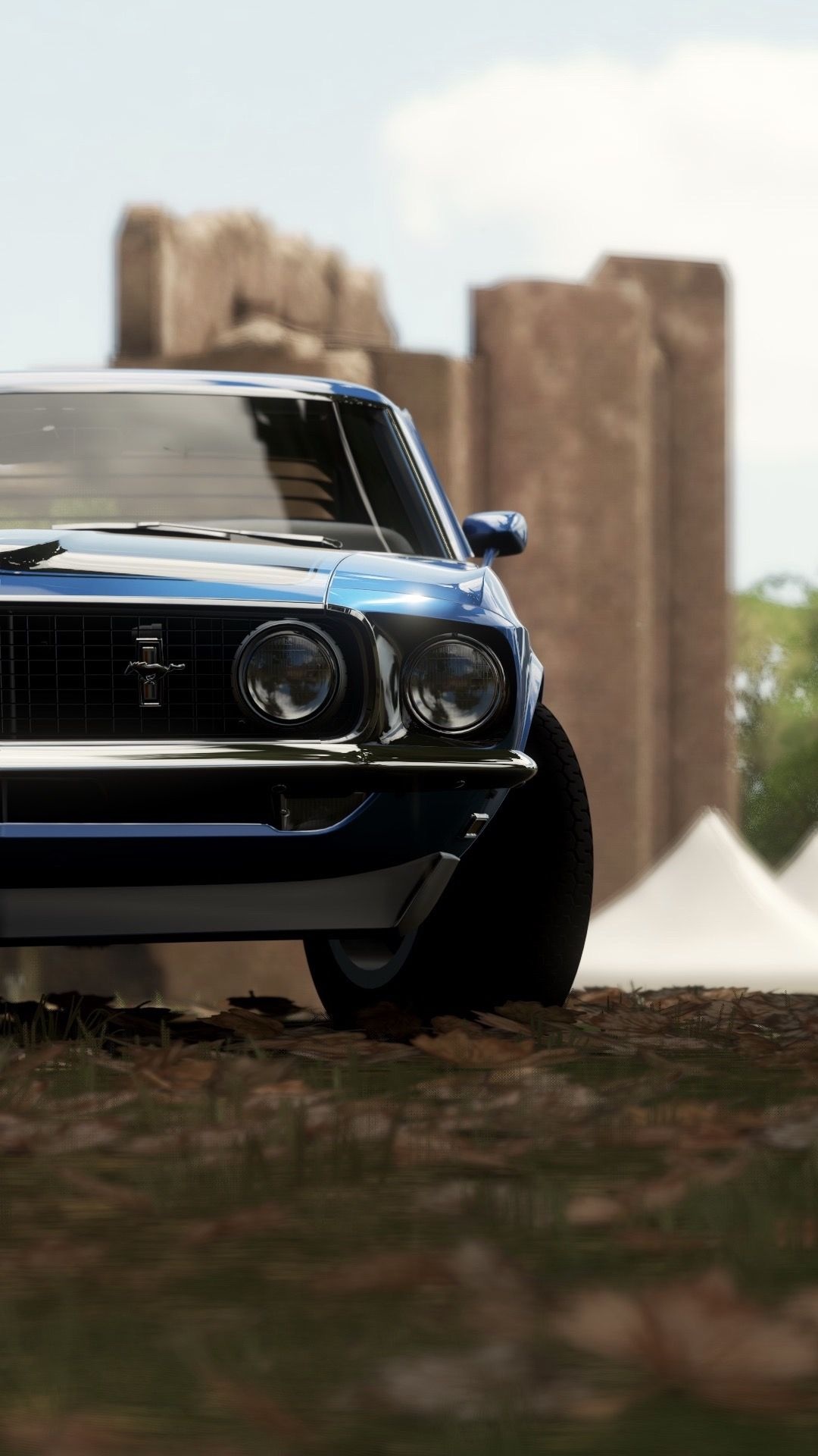 1969 Ford Mustang, Quad headlamp front grille, Stone castle ruins, Full HD Phone wallpaper
