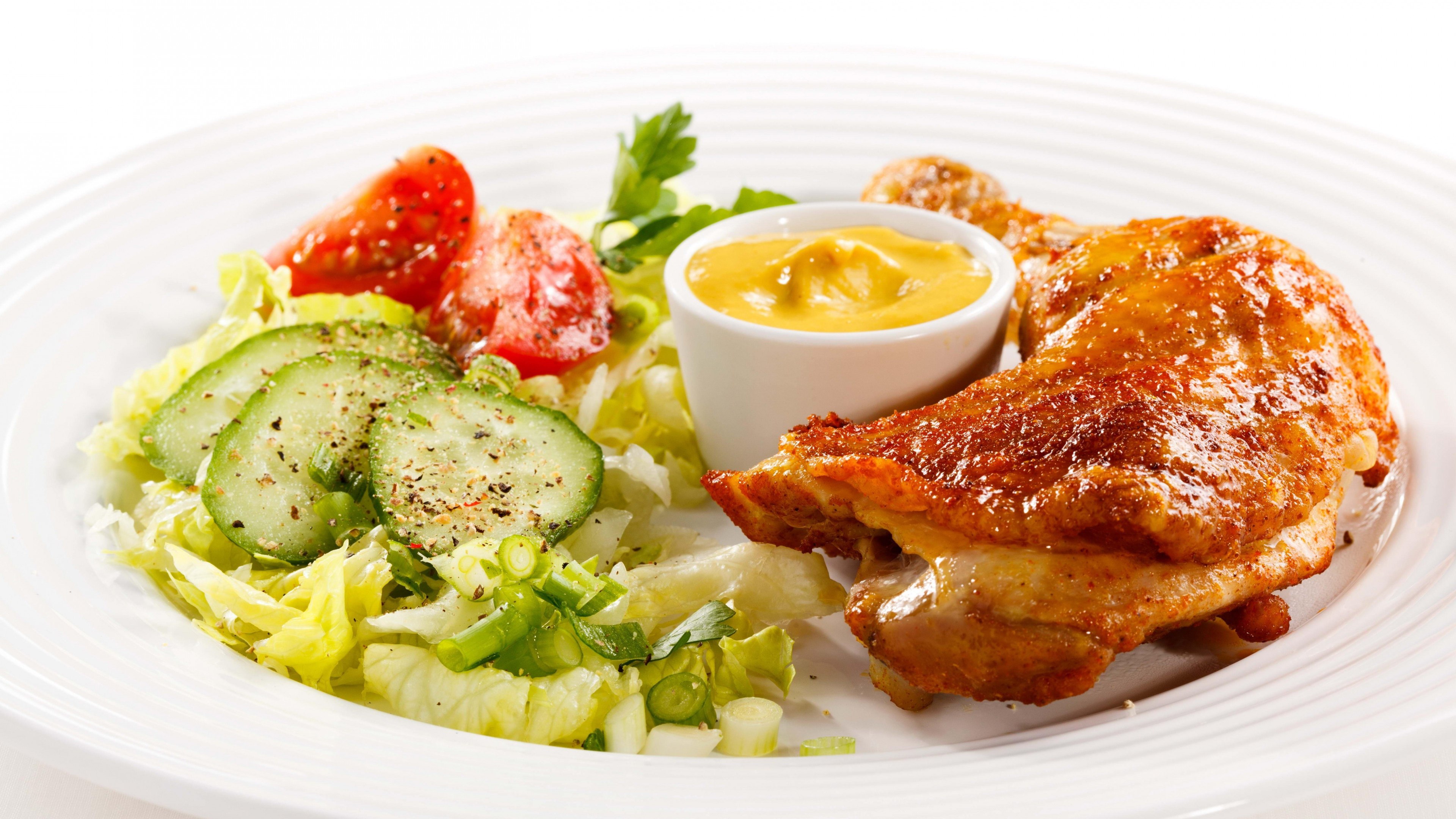 Chicken leg and vegetables, Mustard (Food) Wallpaper, 3840x2160 4K Desktop