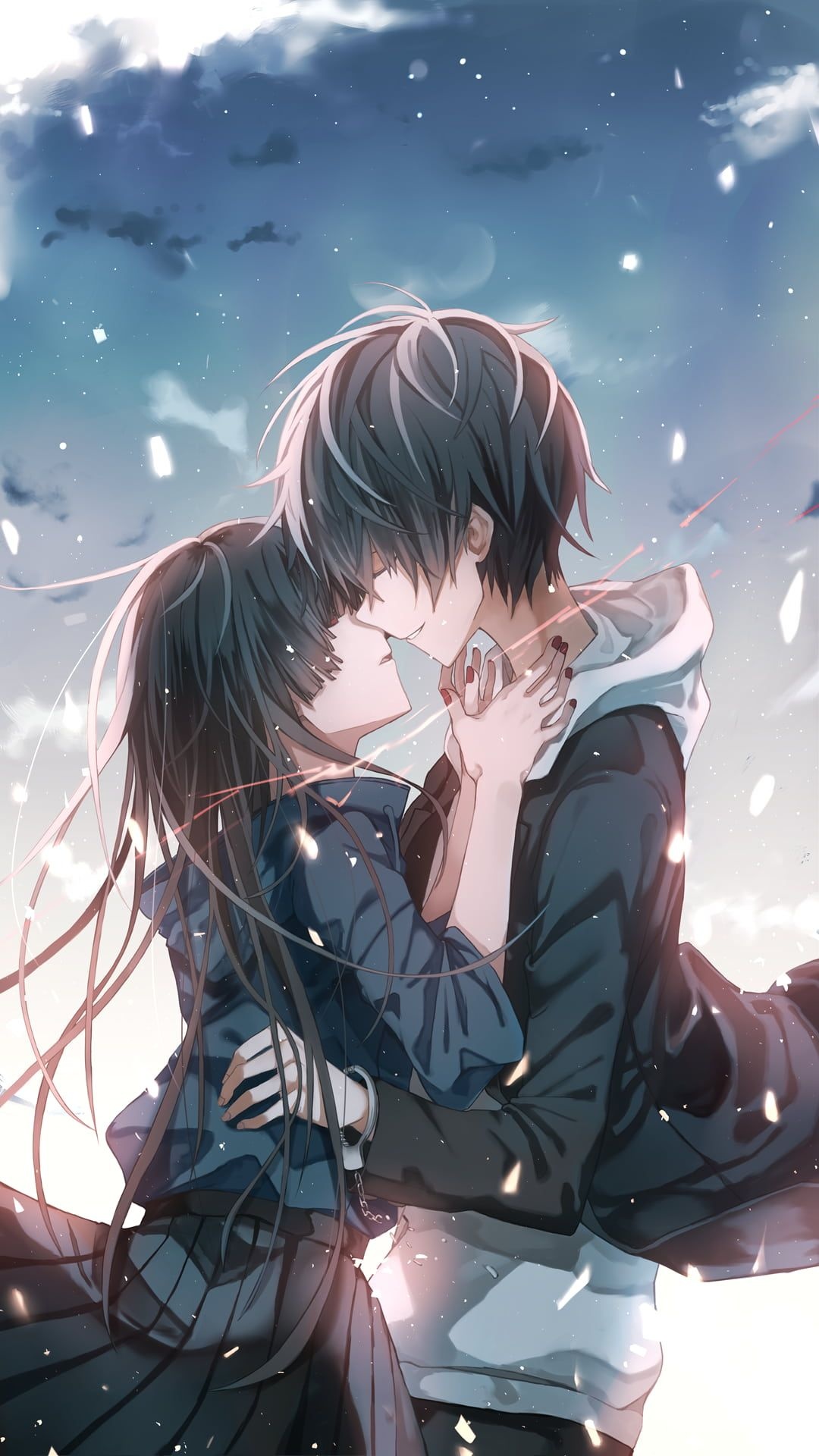 handcuffed anime couple embracing, red string of fate, falling white petals sky, Full HD Phone wallpaper