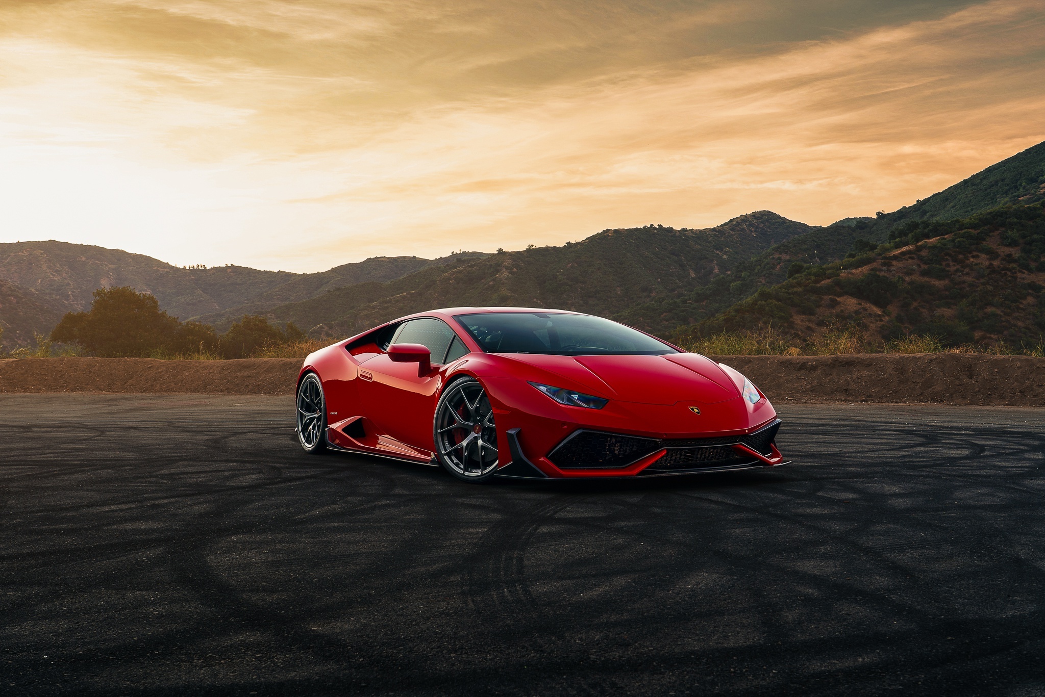 red Lamborghini Huracan, asphalt tire skid marks, sunset mountain landscape, HD Desktop wallpaper