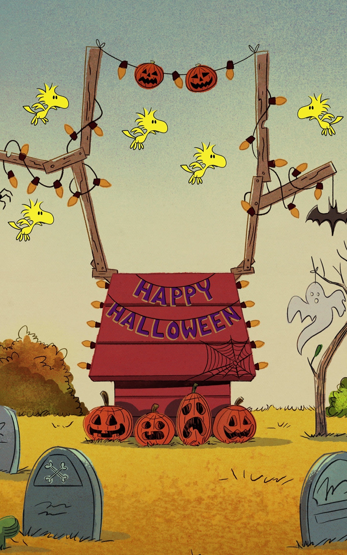 Snoopy's doghouse, Woodstock, HAPPY HALLOWEEN, carved jack-o'-lanterns, HD Phone wallpaper