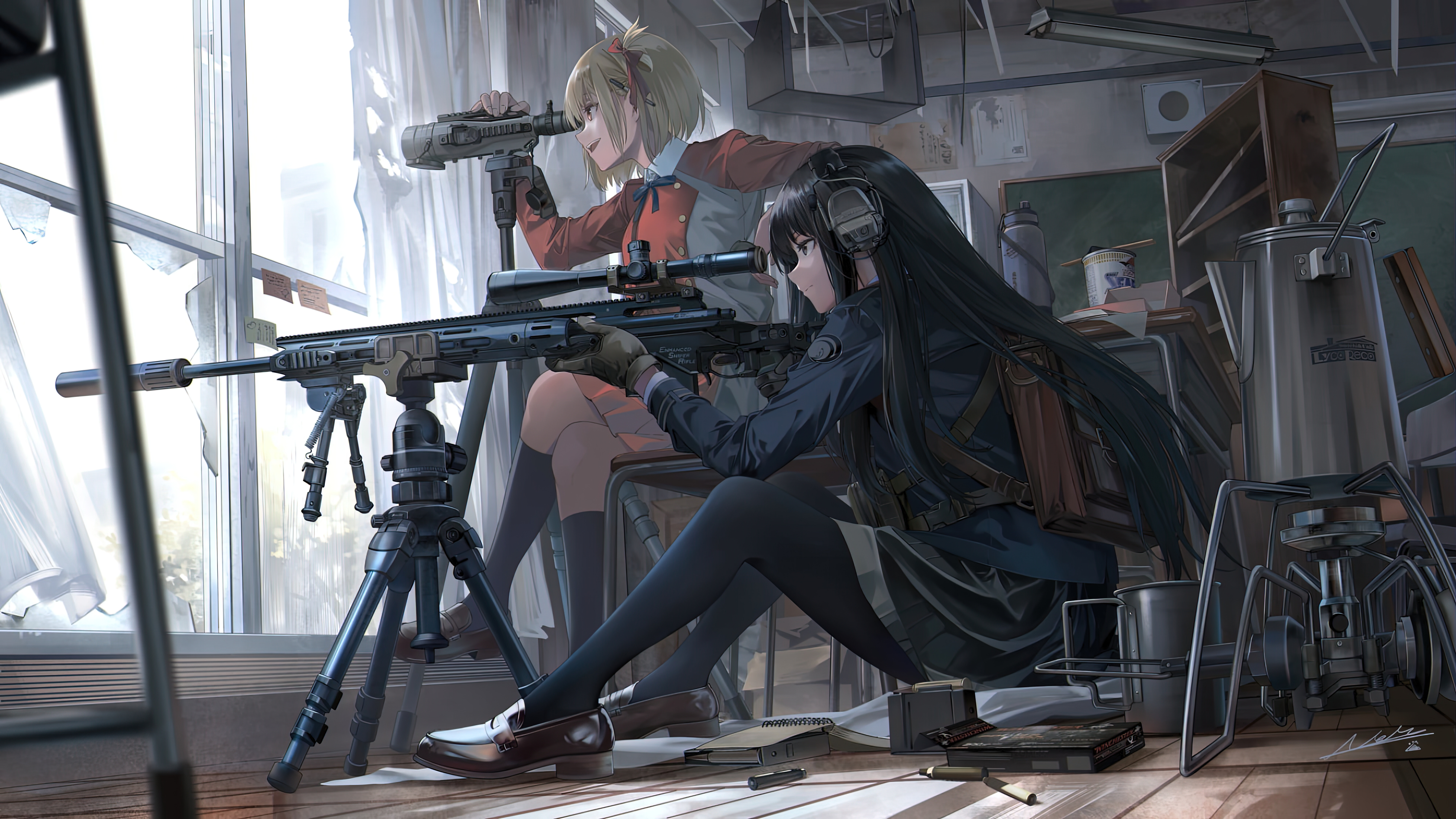 Chisato and Takina, Lycoris Recoil, Sniper Rifle, Classroom Window, 4K Desktop Wallpaper, 7680x4320