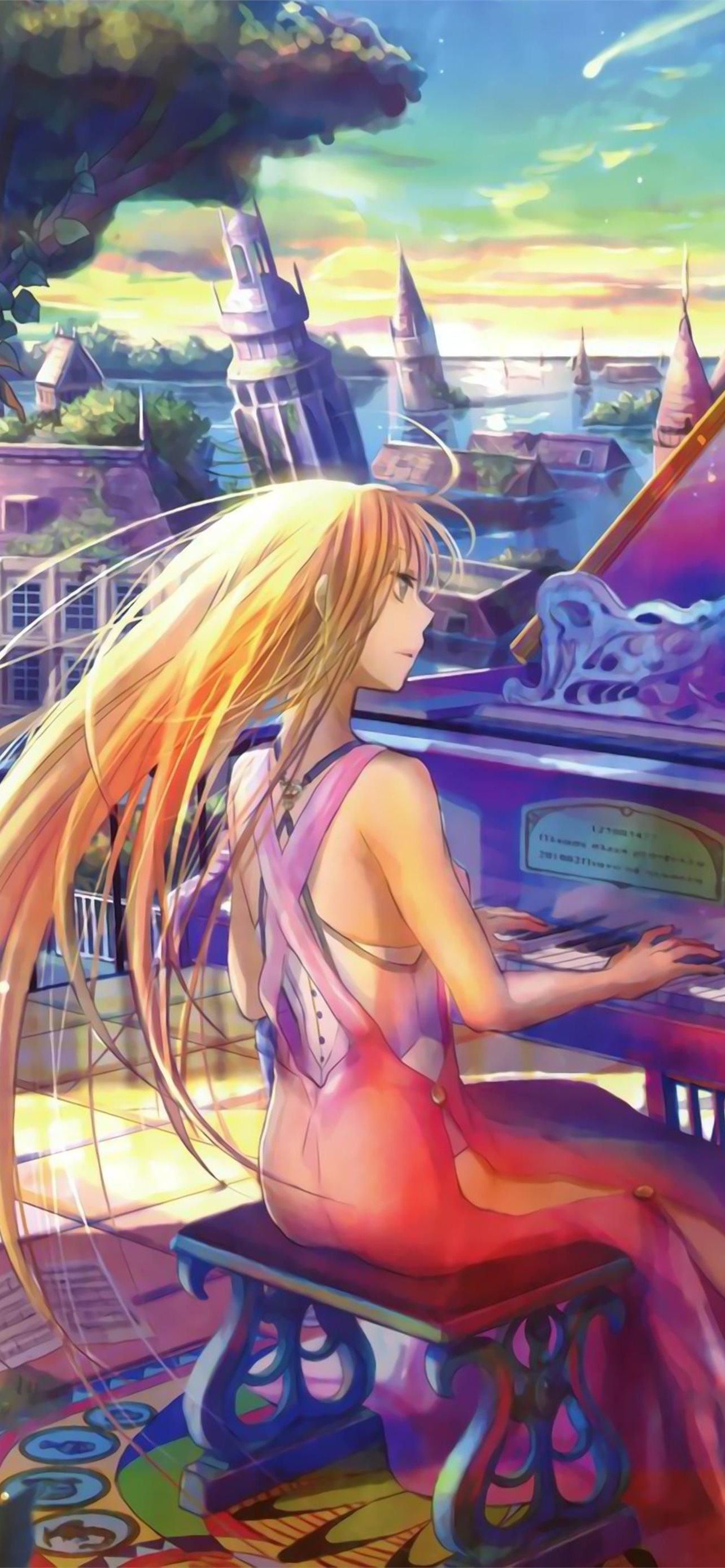 Kaori Miyazono, Grand piano, Fantasy cityscape sunset, HD Phone wallpaper