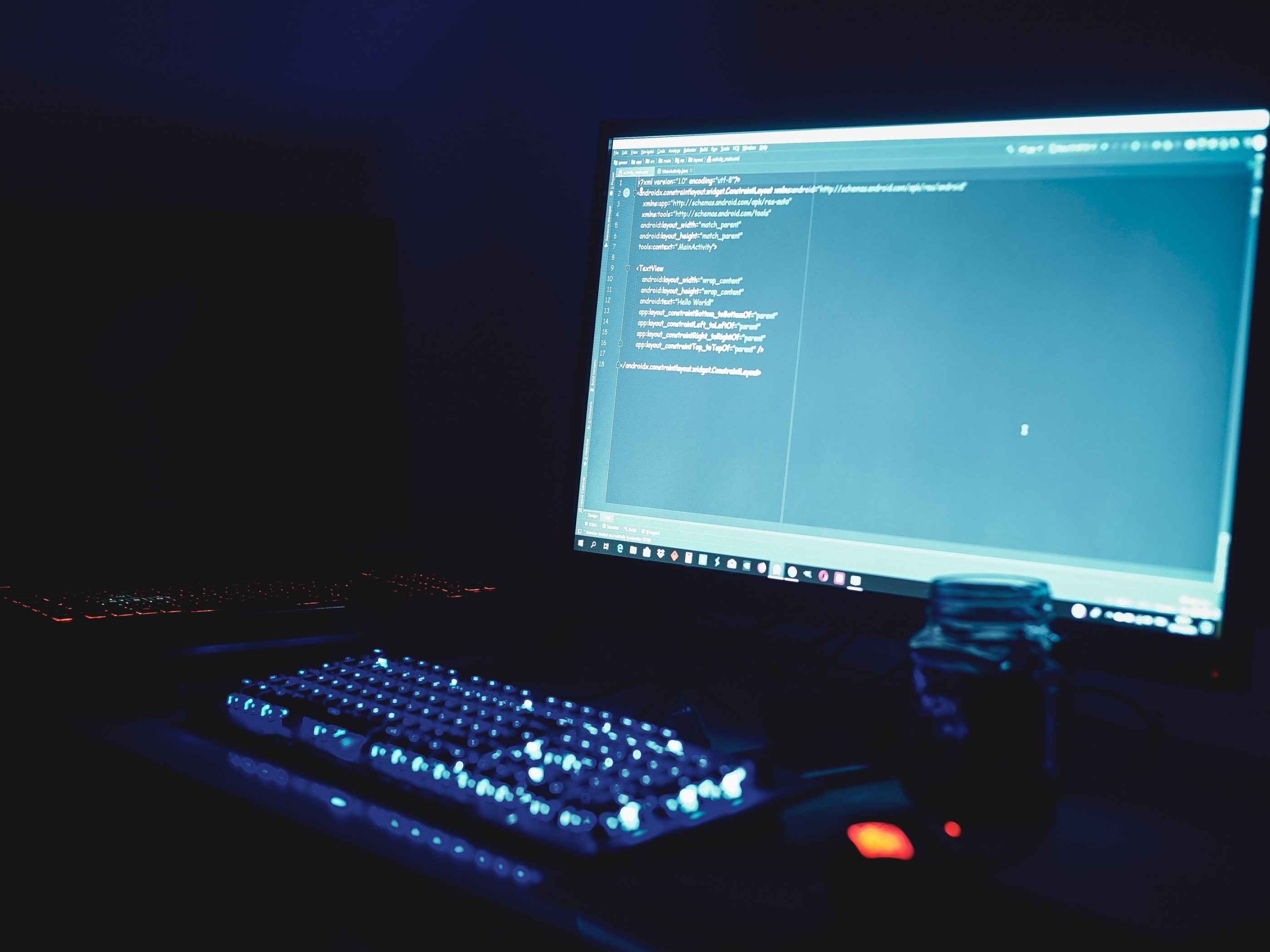 Android XML layout code, backlit mechanical keyboard, illuminated computer monitor, HD Desktop wallpaper
