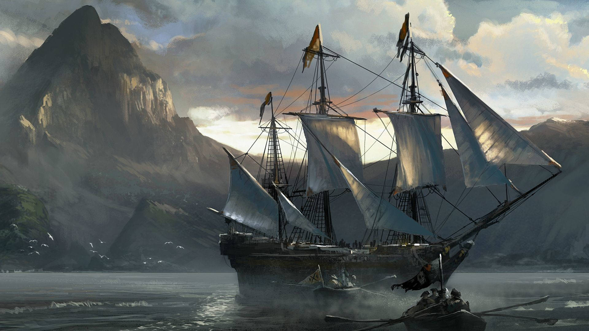 Three-masted sailing ship, Rowboat flying Jolly Roger, Misty coastal mountain bay, Full HD Desktop wallpaper