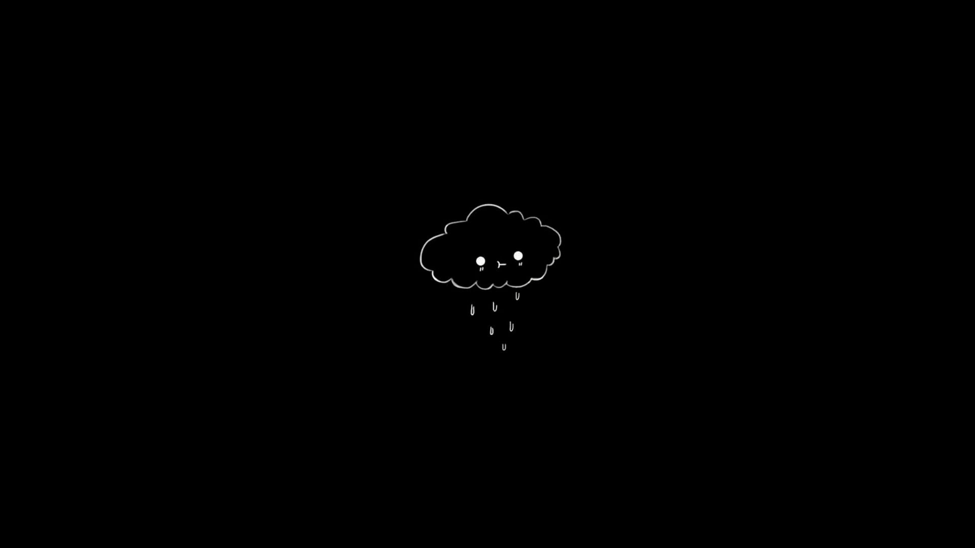 Crying cartoon rain cloud, Dripping raindrops line art, Minimalist black backdrop, Full HD Desktop wallpaper