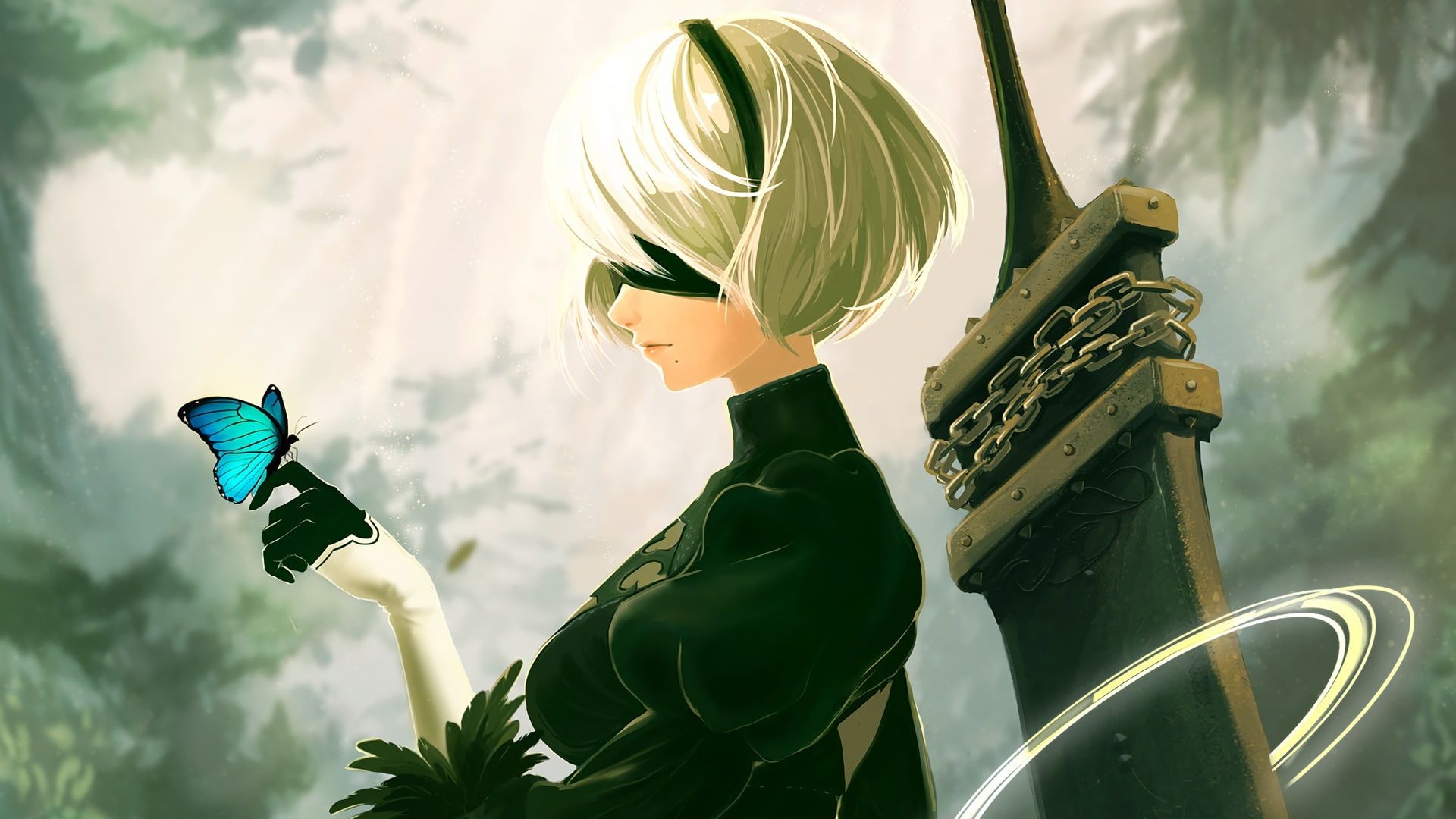 NieR Automata 2B, Blue morpho butterfly, Virtuous Treaty sword, Full HD Desktop wallpaper