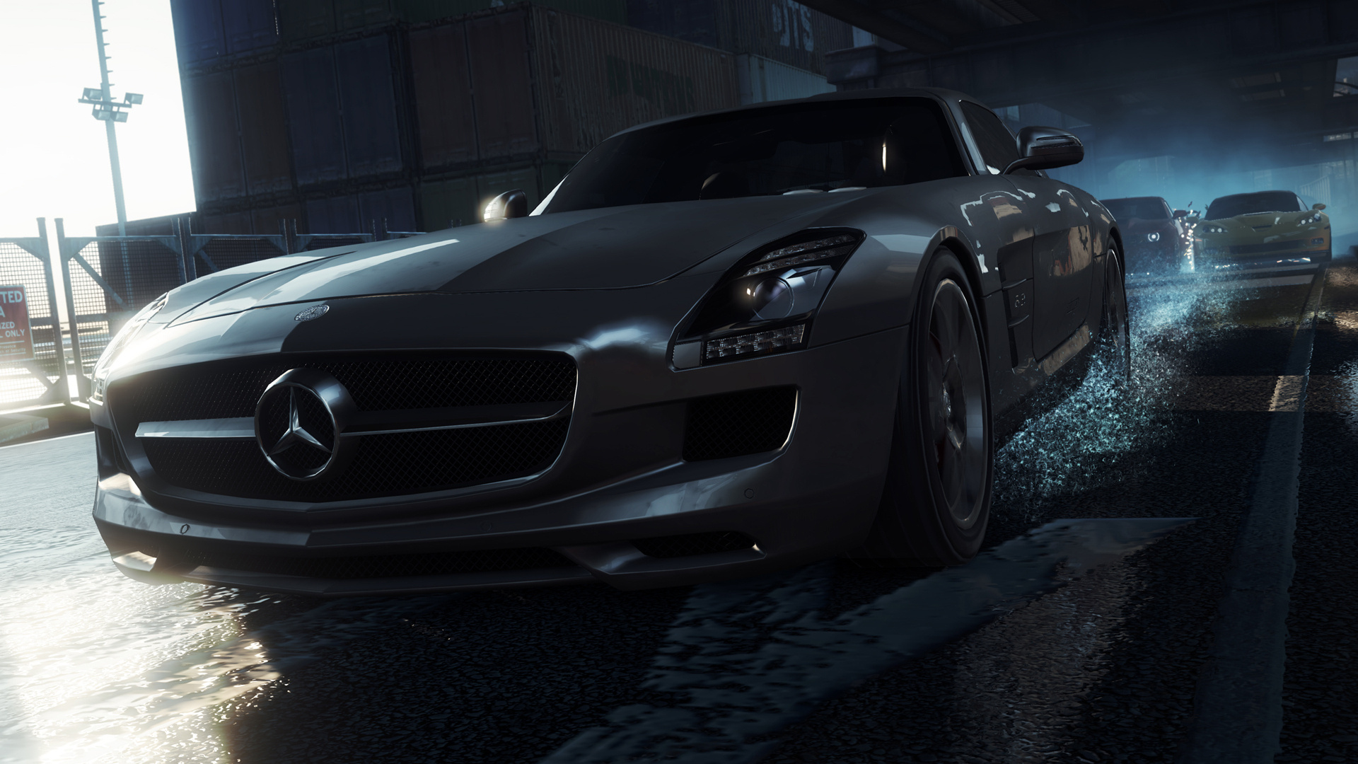 Mercedes-Benz SLS AMG, Need for Speed: Most Wanted, wet road water splash, Full HD Desktop wallpaper