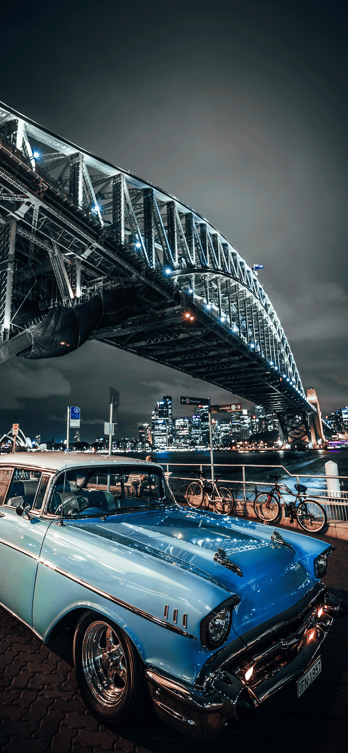 1957 Chevrolet Bel Air, Sydney Harbour Bridge, Sydney skyline at night, HD Phone wallpaper