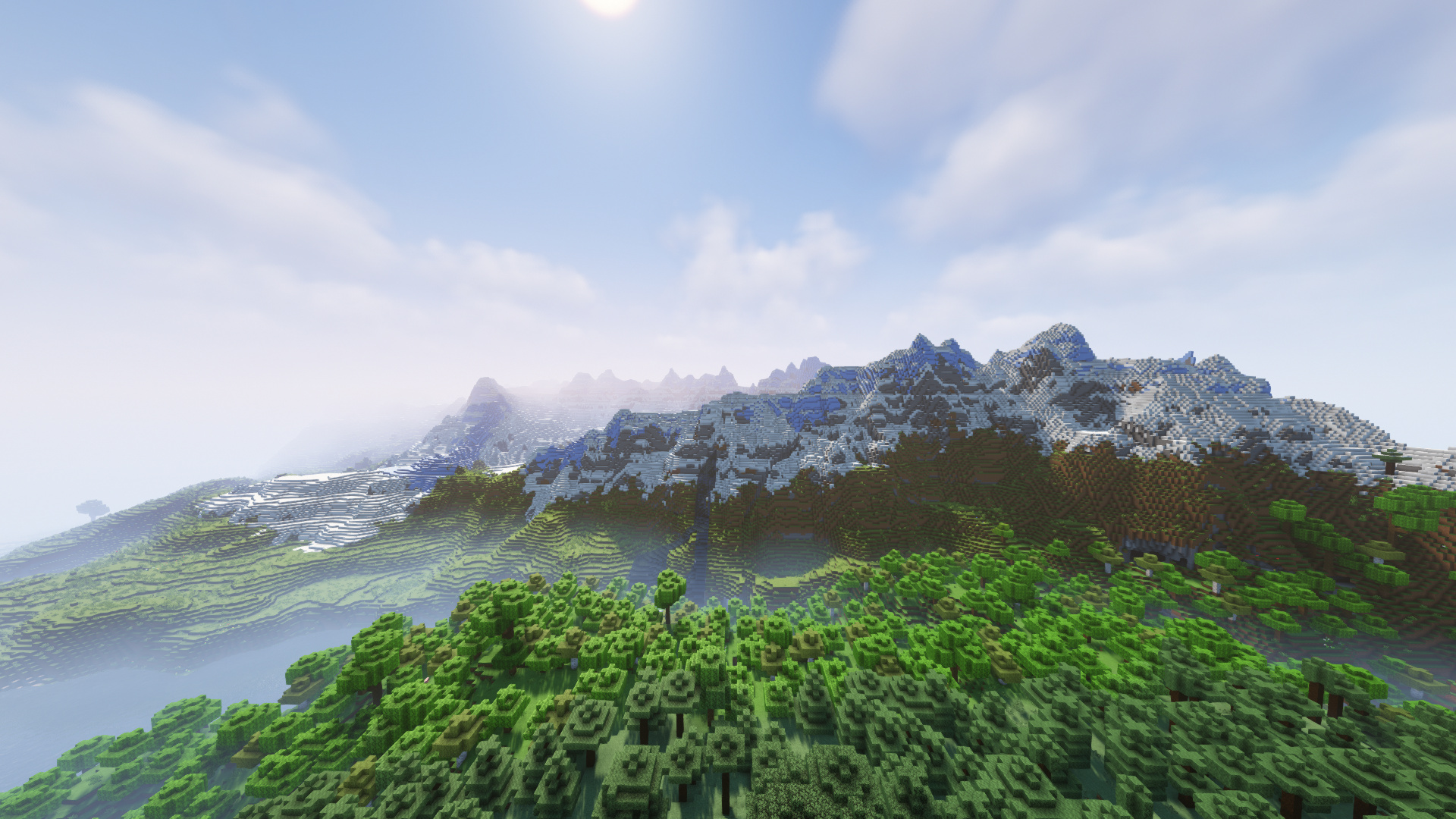 Minecraft snowy mountain peaks, Minecraft forest canopy, atmospheric shader sky, Full HD Desktop wallpaper