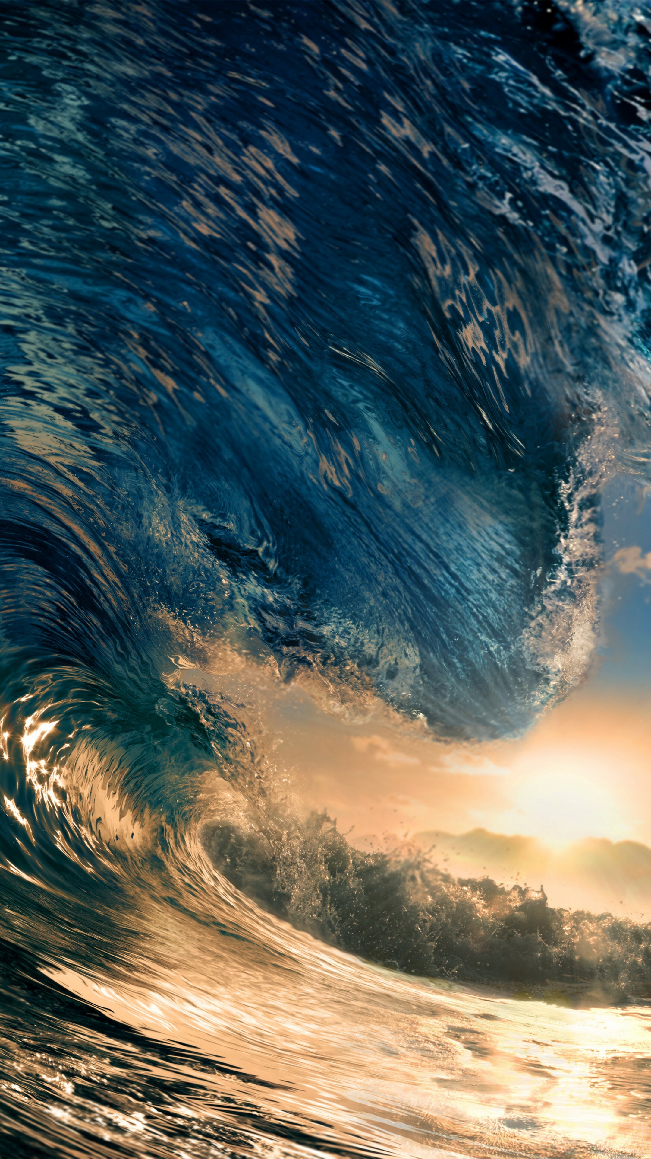 Oceanic beauty, Tranquil waves, Awe-inspiring sunset, Azure skies, 2160x3840 4K Phone