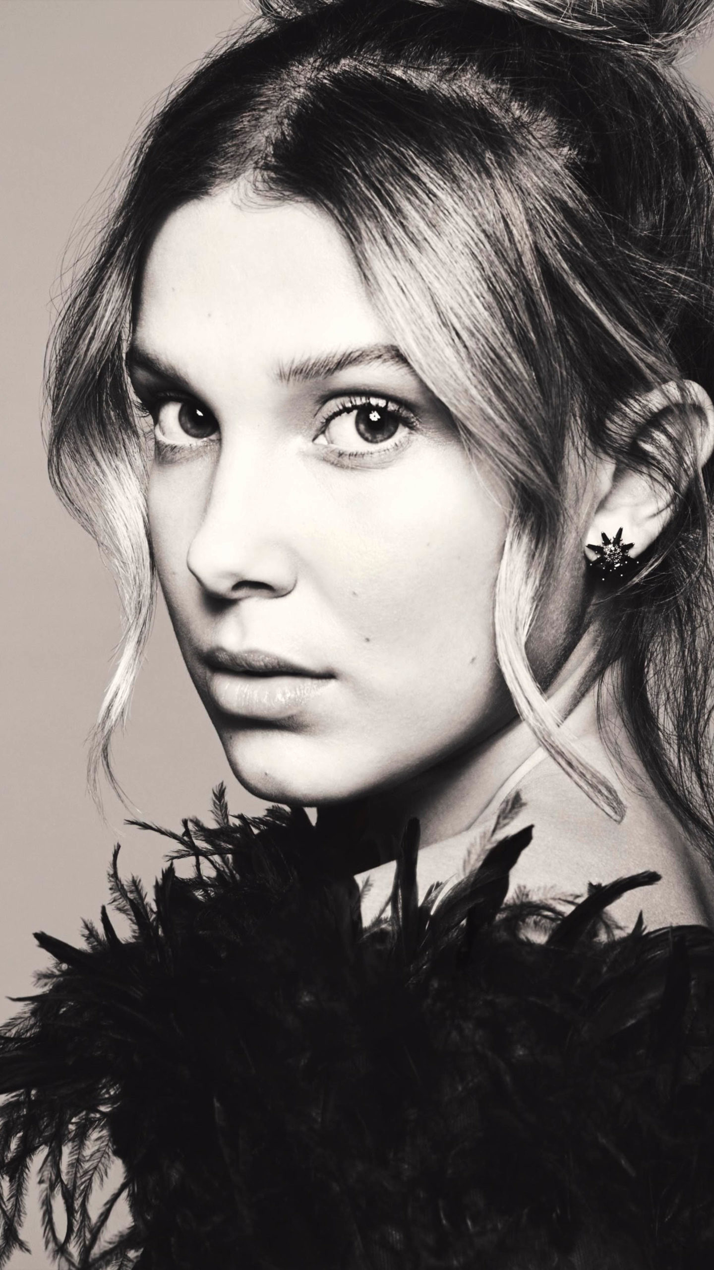 Millie Bobby Brown, Black and white, 4K Ultra HD mobile wallpaper, Characteristic, 1440x2560 HD Phone