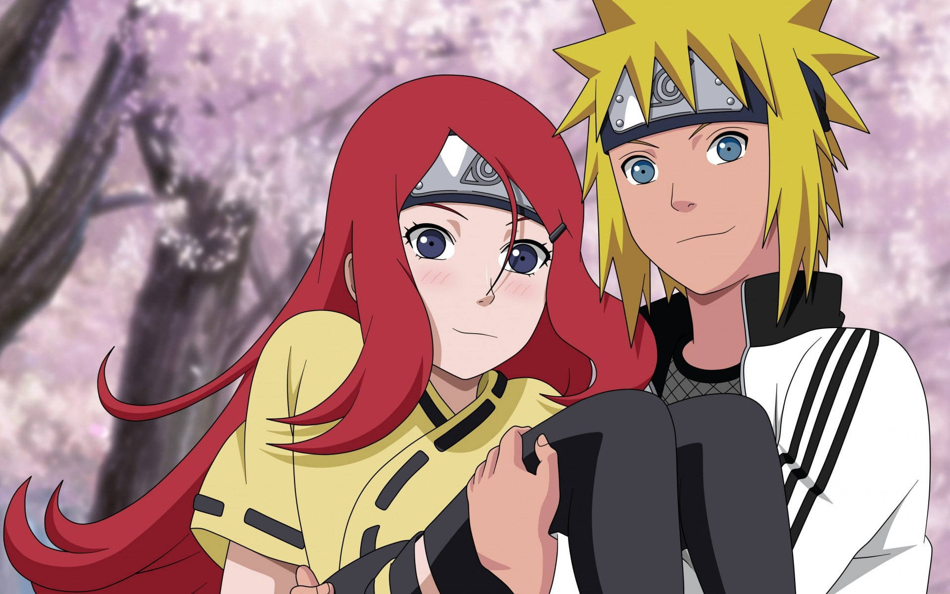 Minato Namikaze, Kushina Uzumaki, blooming cherry blossoms, HD Desktop wallpaper