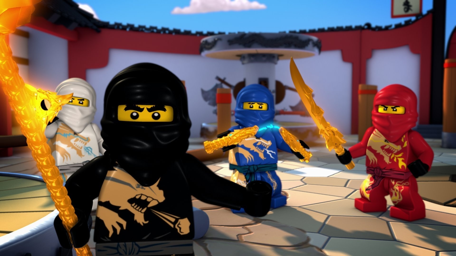 Cole with golden scythe, Zane in white gi, Kai with golden sword, Jay kneeling in blue, Ninjago monastery courtyard, Full HD Desktop wallpaper