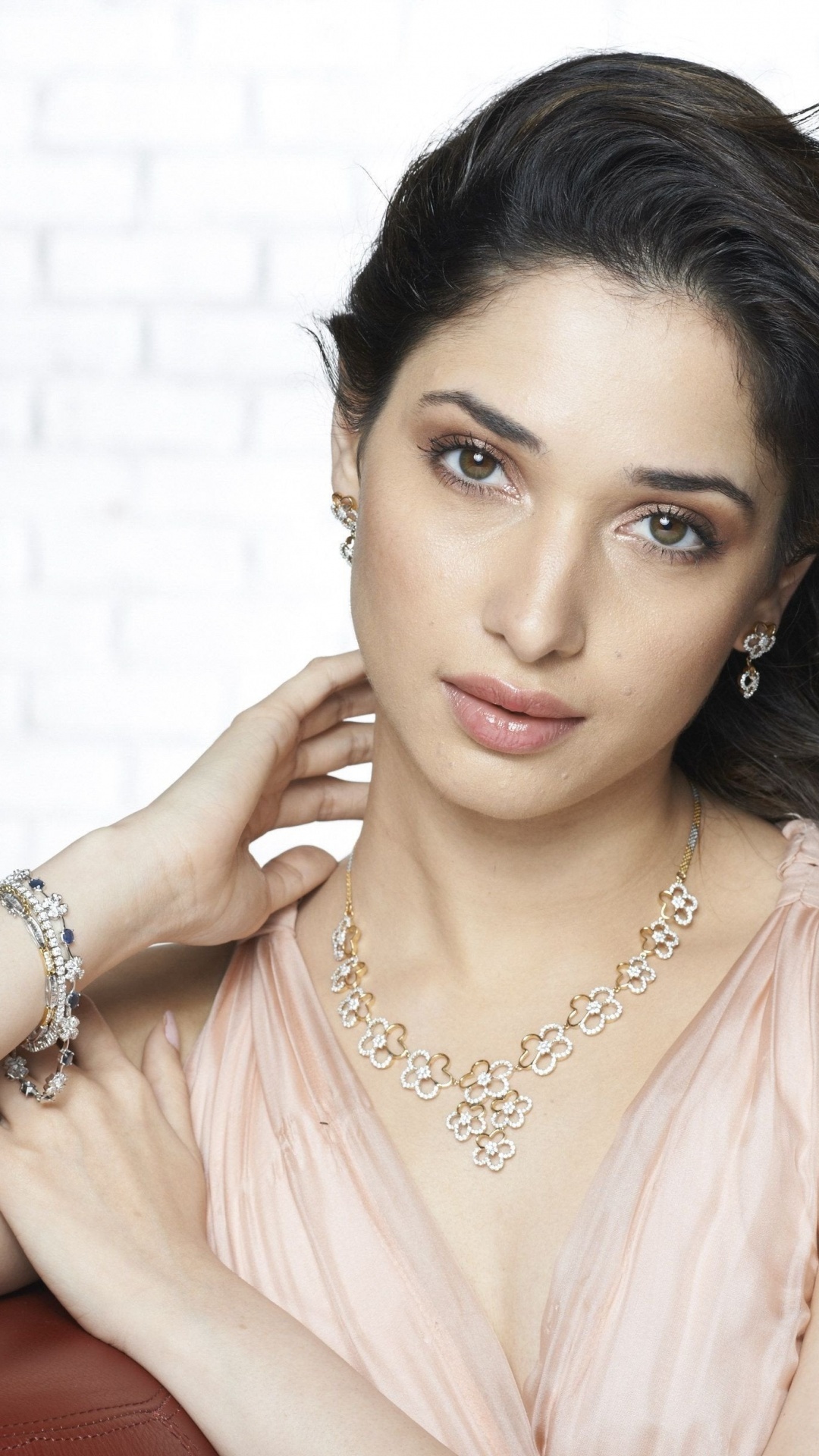 Tamannaah Bhatia, Floral diamond necklace, Peach silk dress, Full HD Phone wallpaper