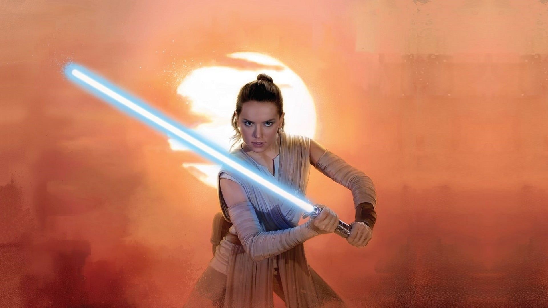 Star Wars character art, Jedi lightsaber battles, Daisy Ridley's Rey, Stunning visual artwork, 1920x1080 Full HD Desktop