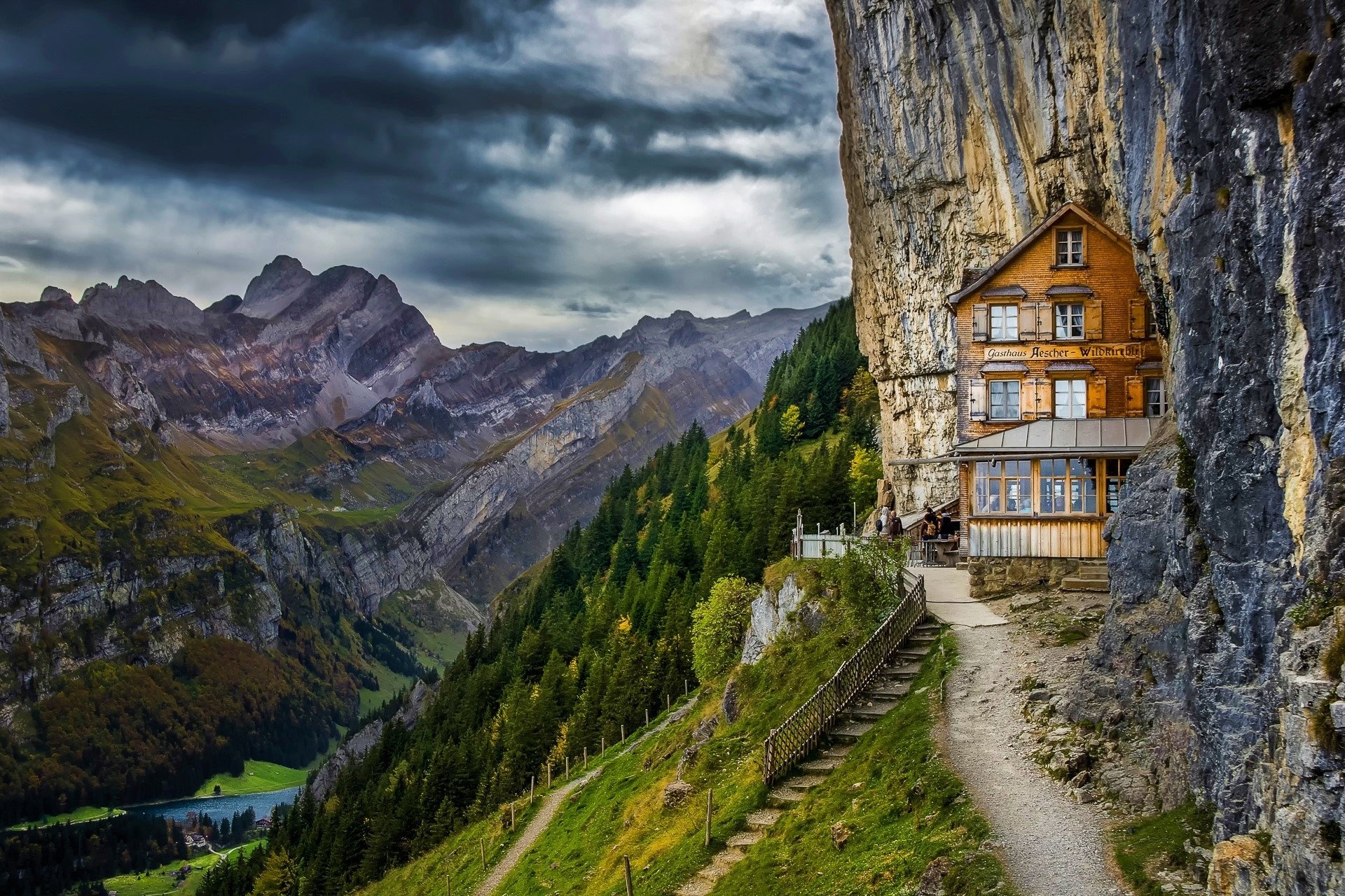 Gasthaus Aescher-Wildkirchli, Alpstein mountain range, Seealpsee valley below, HD Desktop wallpaper