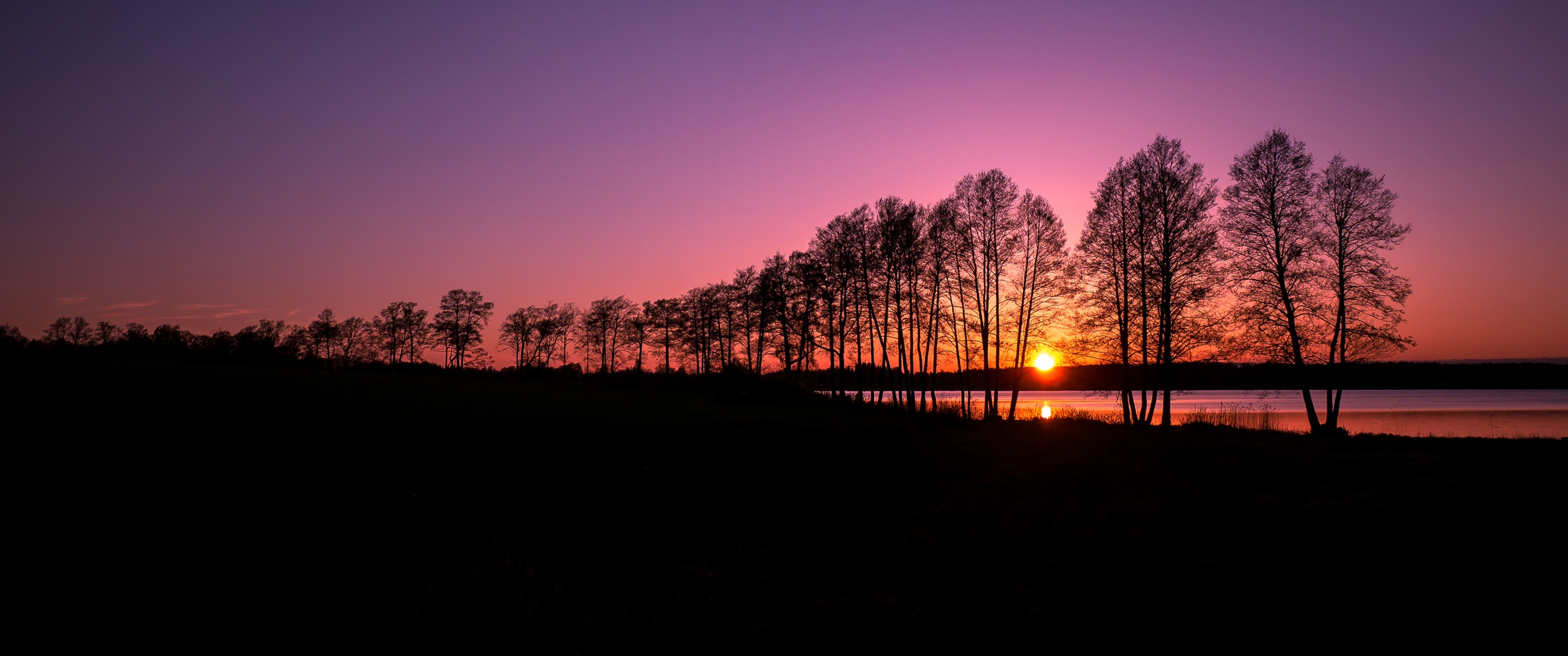Finland travels, Purple sky, Scenic landscape, Tranquil lake, 3440x1440 Dual Screen Desktop