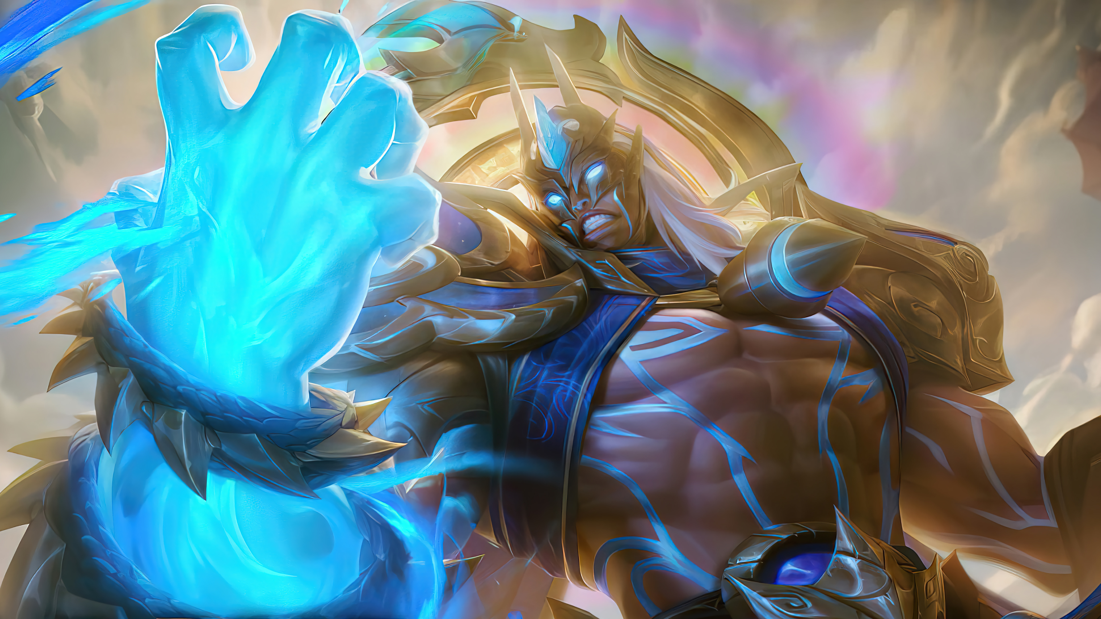 Badang Fist of Zen, glowing blue energy fist, golden divine armor, 4K Desktop wallpaper