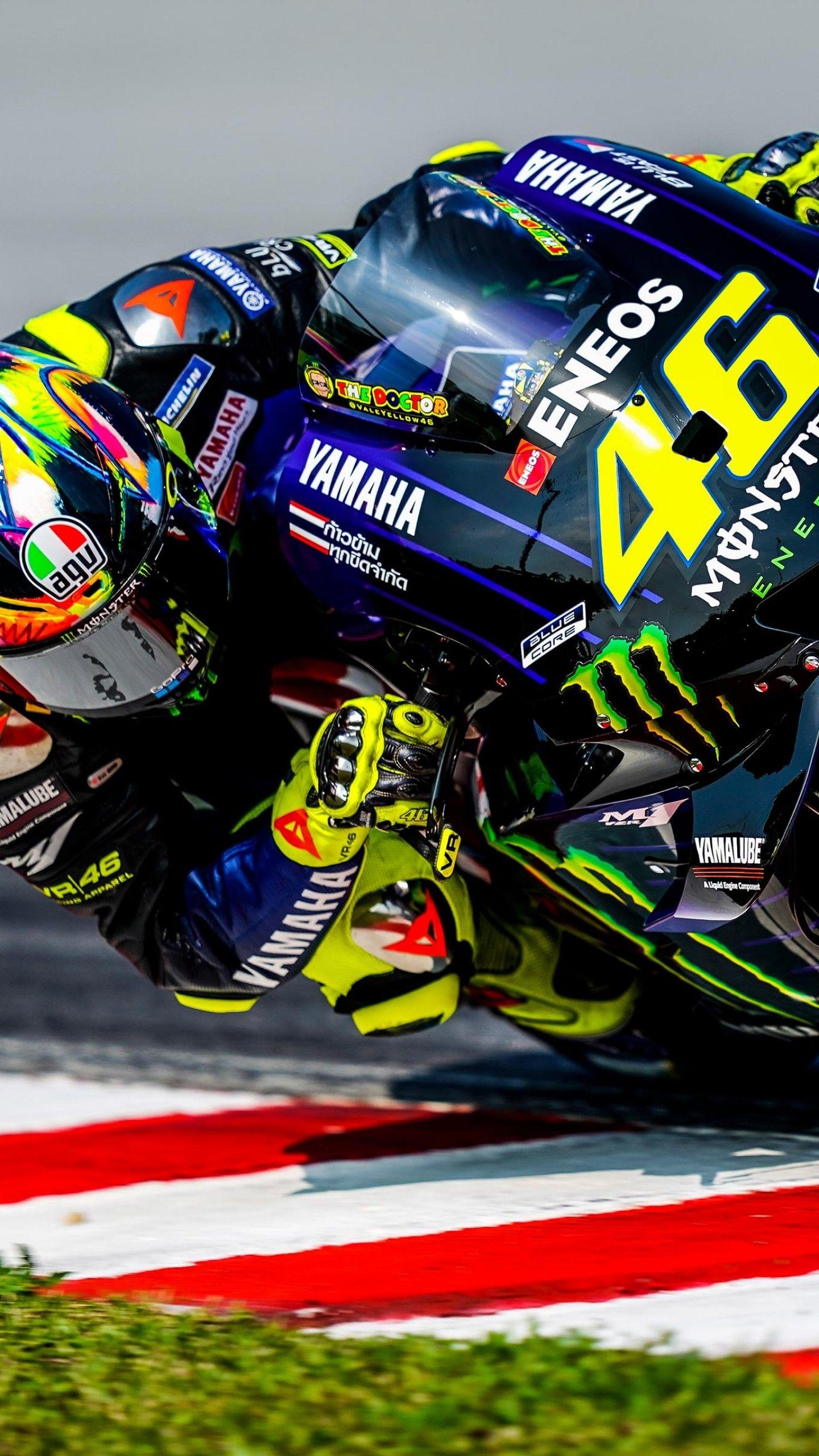 Valentino Rossi number 46, Monster Energy Yamaha YZR-M1, MotoGP close-up cornering shot, HD Phone wallpaper
