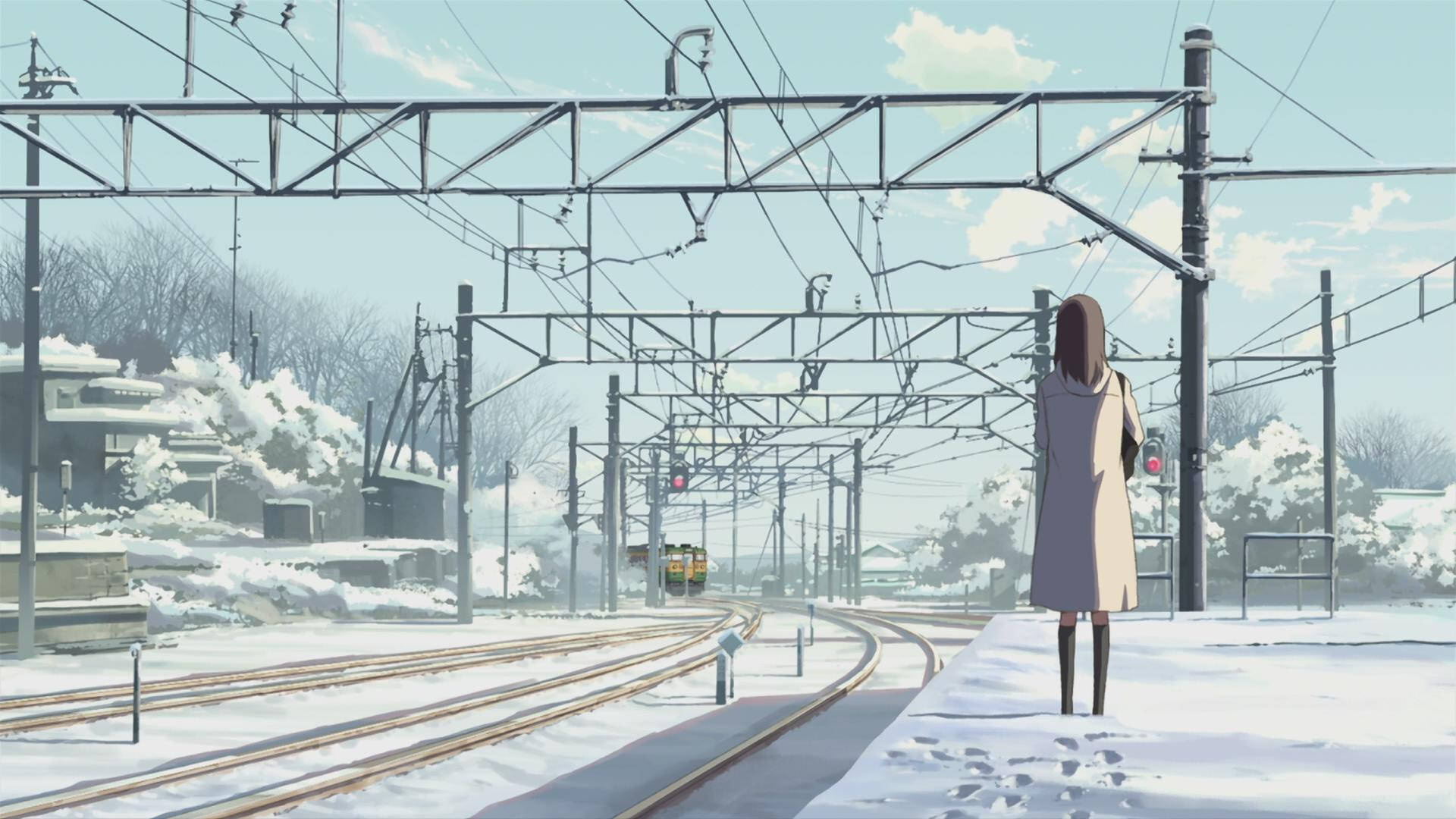 Akari Shinohara, Snow-covered train tracks, 5 Centimeters per Second, Full HD Desktop wallpaper
