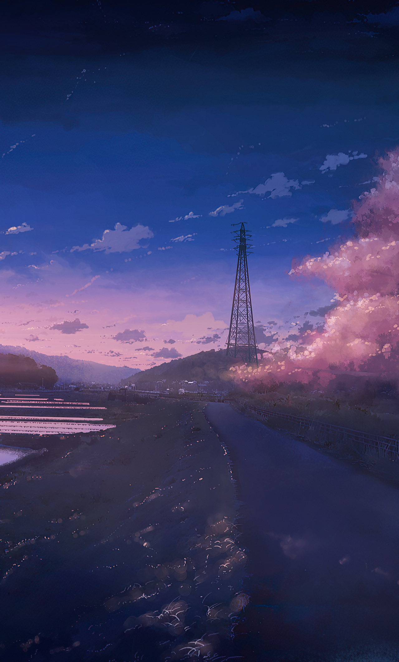 lattice electricity pylon, blooming cherry blossom tree, twilight rural country road, HD Phone wallpaper