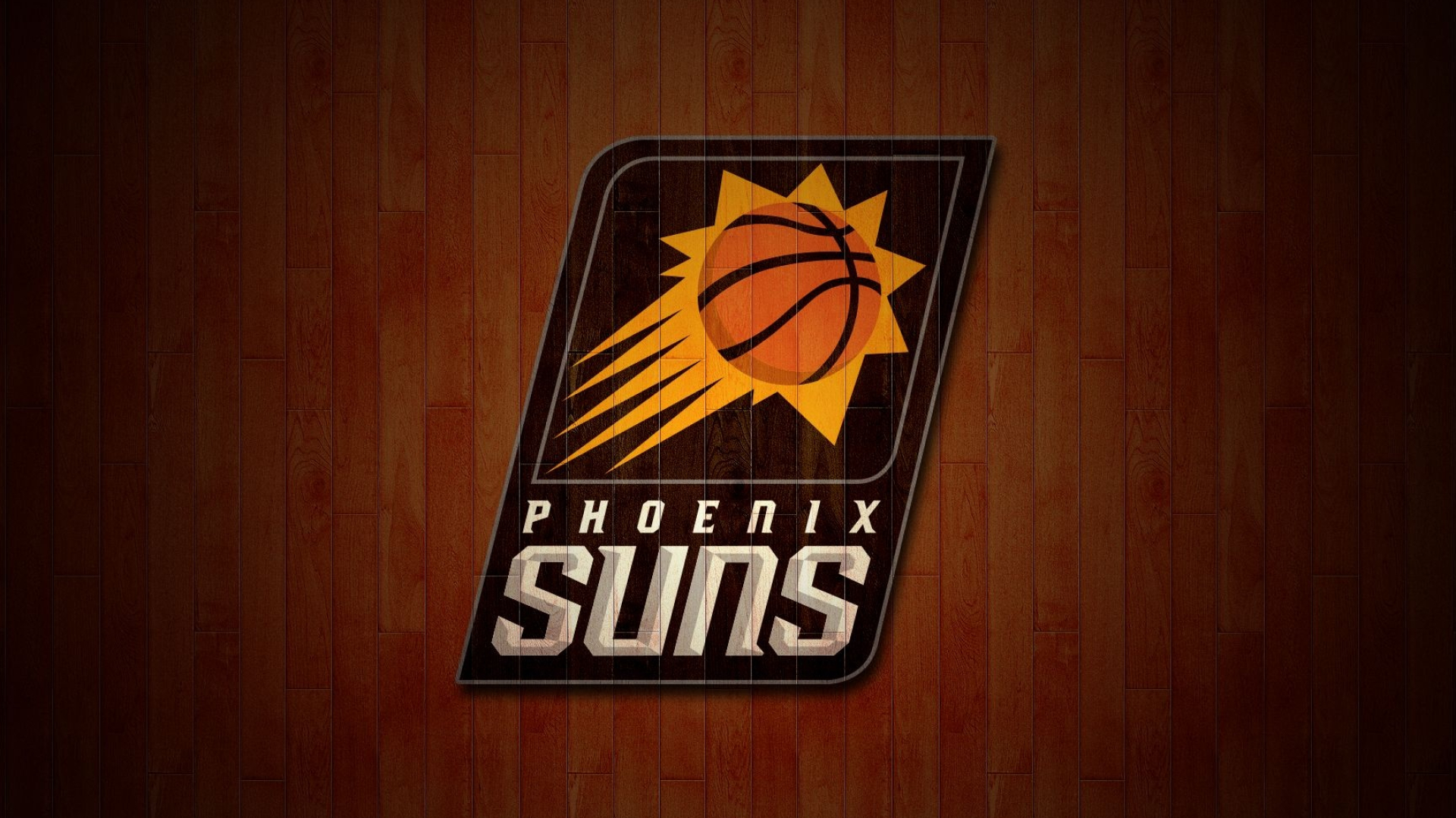 Phoenix Suns shield logo, Flaming sun basketball emblem, Red hardwood court backdrop, Full HD Desktop wallpaper