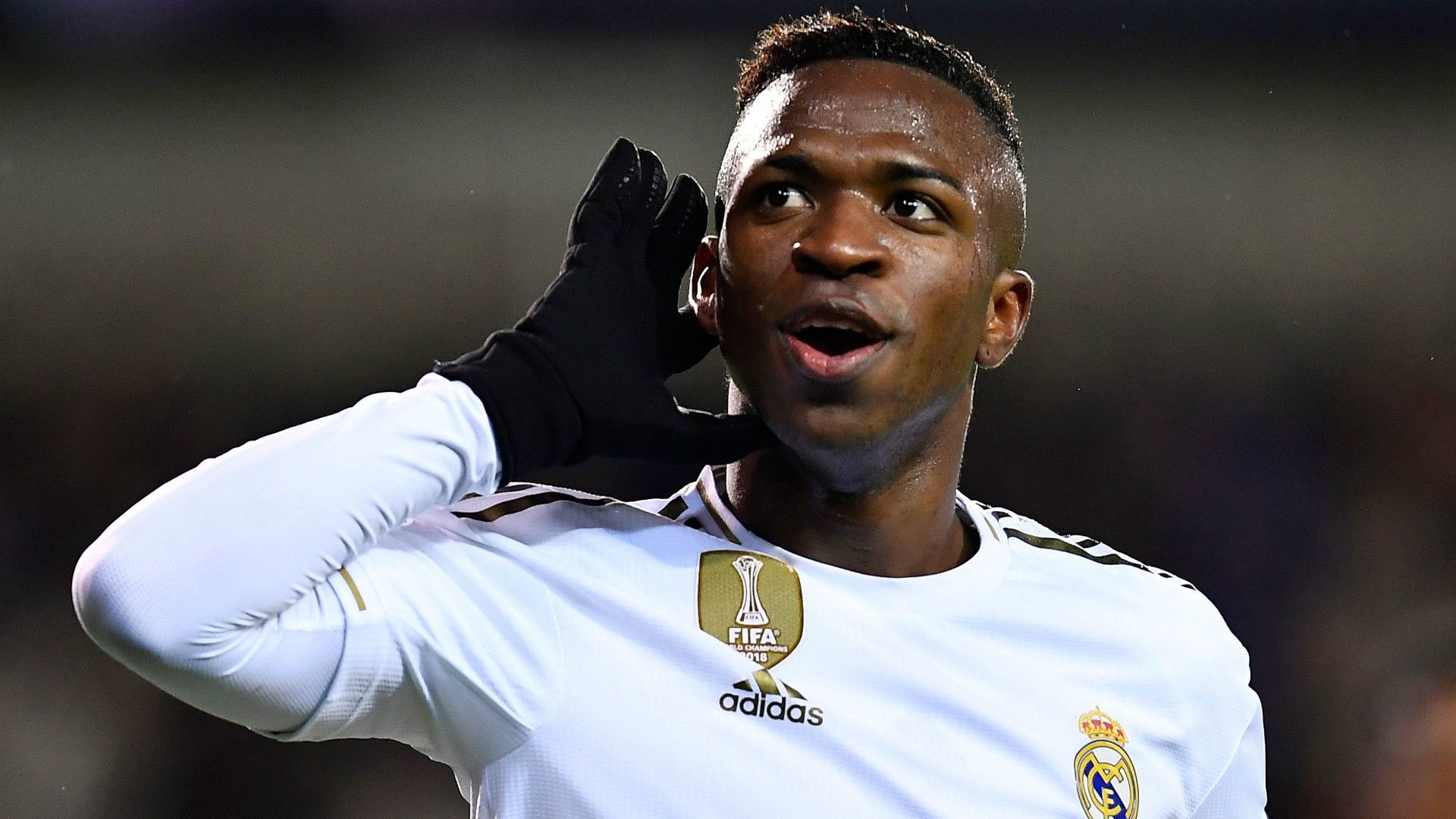 Vinicius Junior, Real Madrid kit, Hand to ear celebration, Full HD Desktop wallpaper