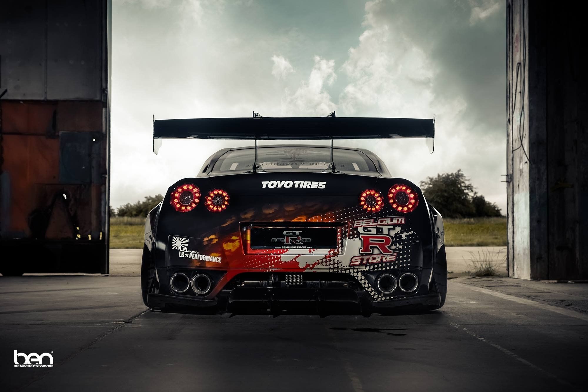 Liberty Walk Nissan GT-R, LB Performance decal, open airplane hangar, HD Desktop wallpaper