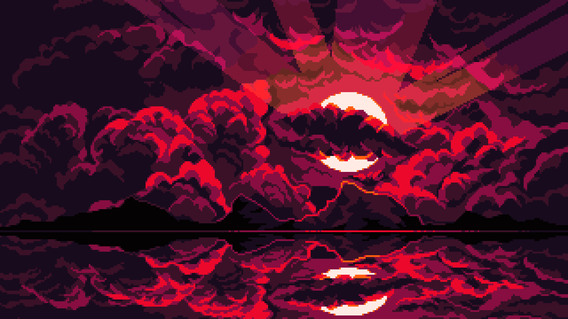 crimson pixel art sun, pixelated red storm clouds, mirrored lake mountain silhouette, Full HD Desktop wallpaper