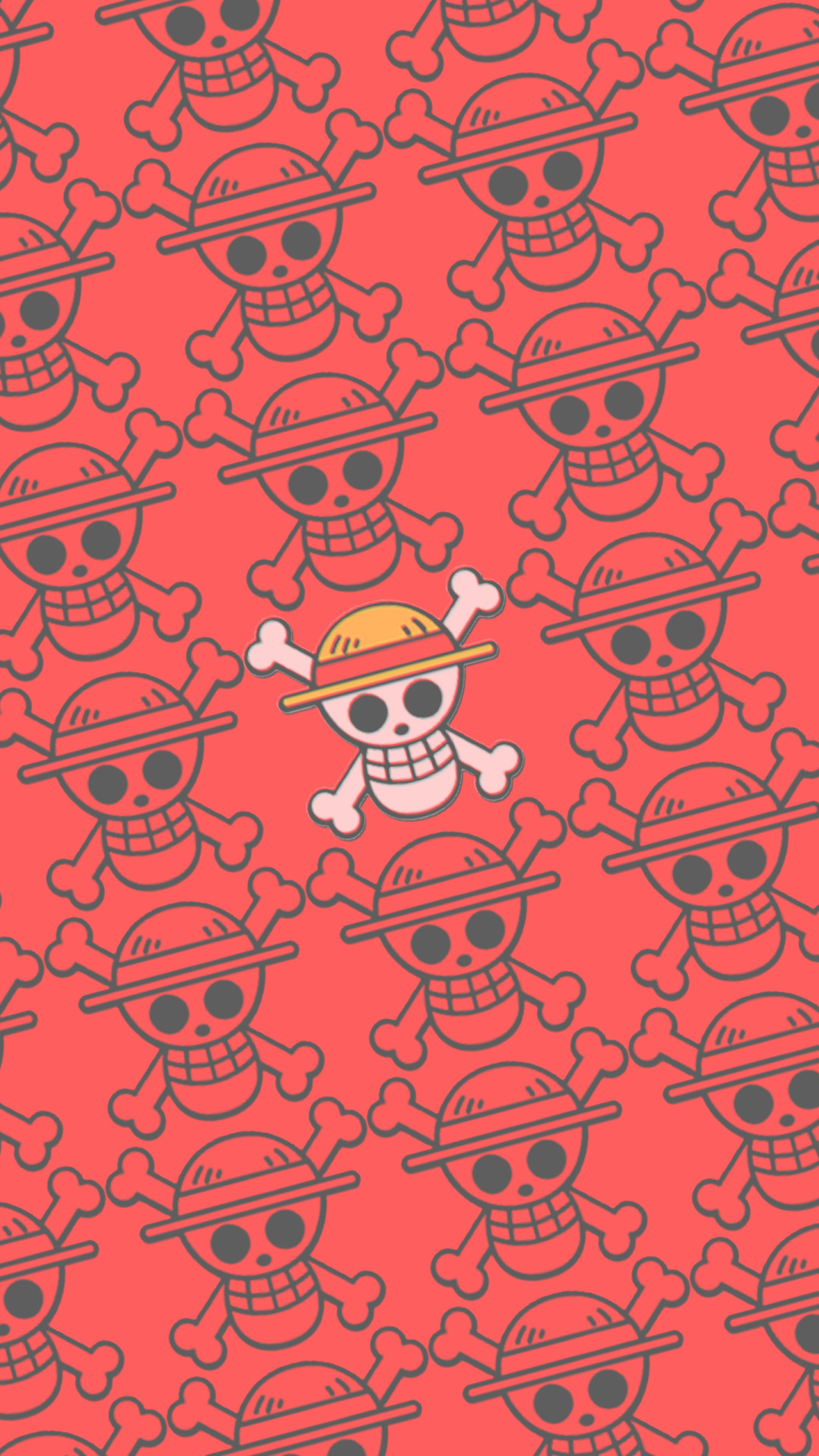 Straw Hat Pirates Jolly Roger, Straw Hat skull pattern, coral red background, Full HD Phone wallpaper