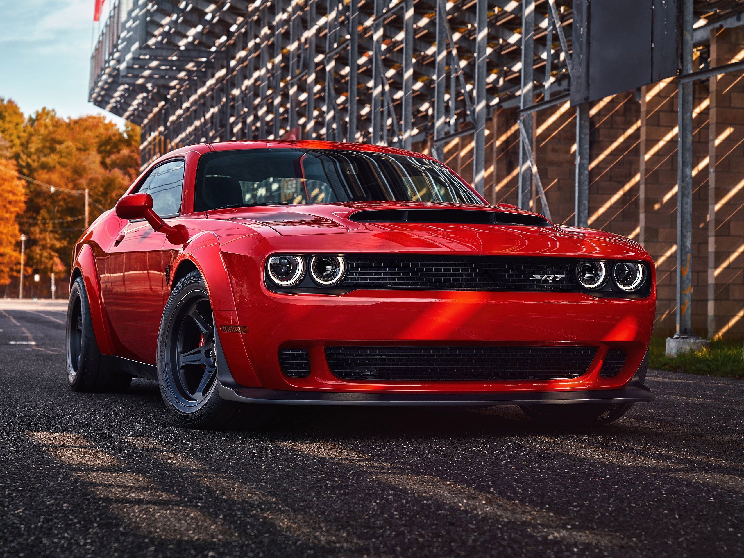 Dodge Challenger SRT Demon, racetrack grandstand, sunlit asphalt track, HD Desktop wallpaper