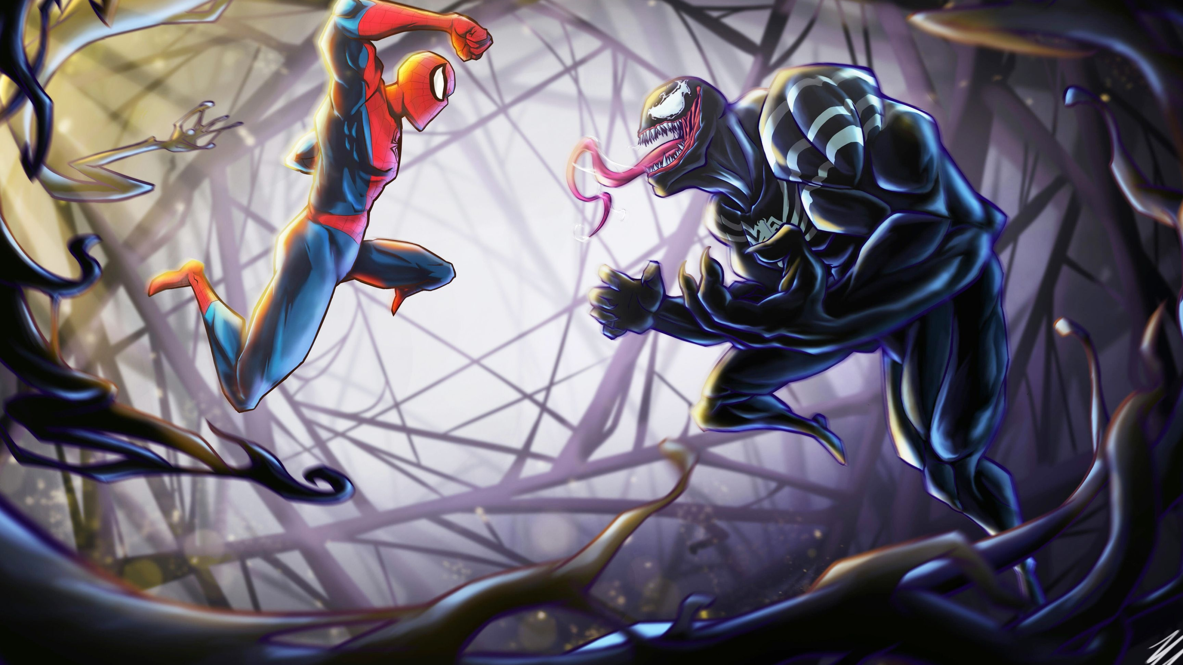 Spider-Man leaping, Venom lunging, Dark symbiote tendrils, 4K Desktop wallpaper