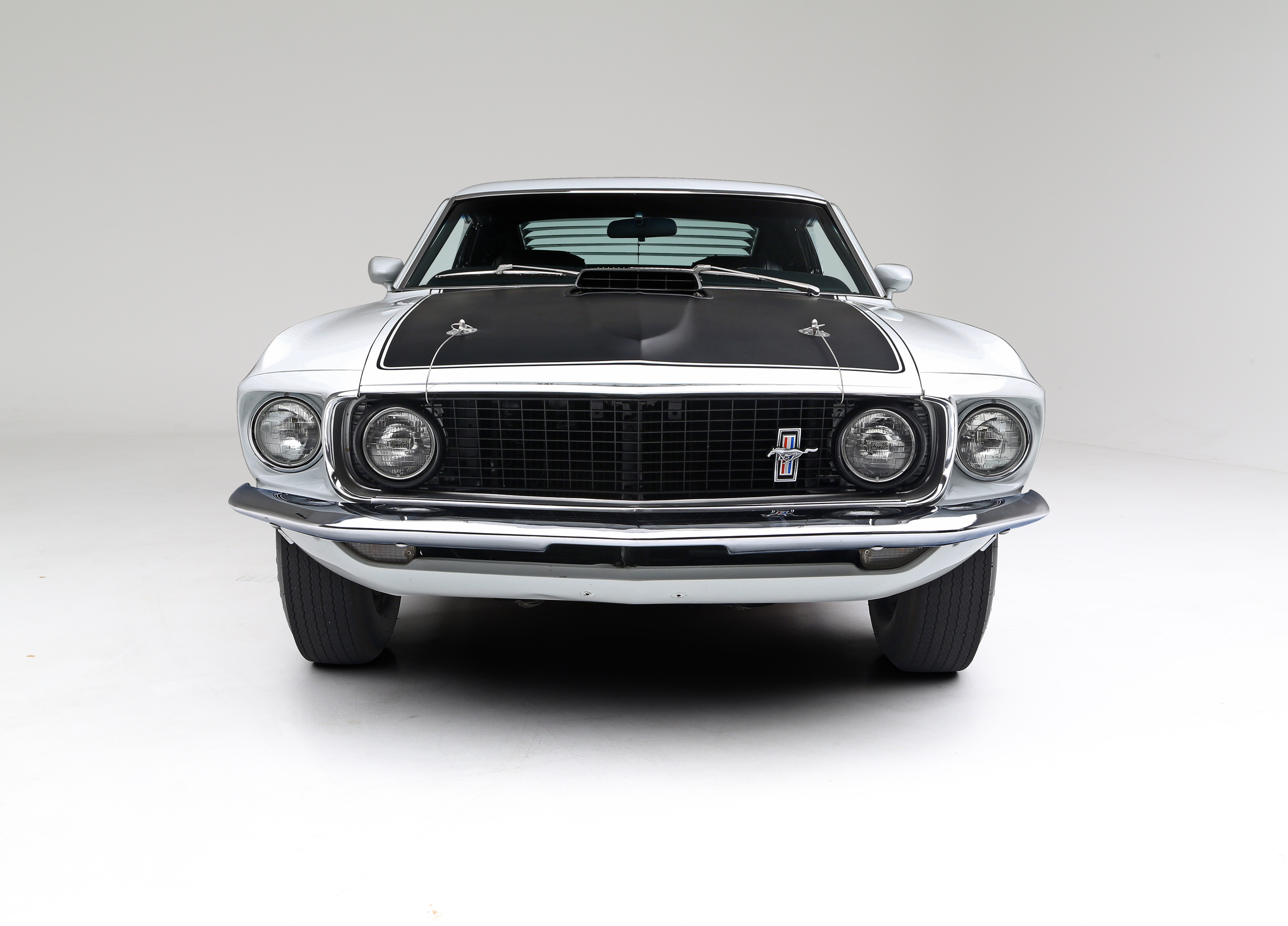 1969 Ford Mustang Mach 1, Matte black shaker hood, White studio background, HD Desktop wallpaper