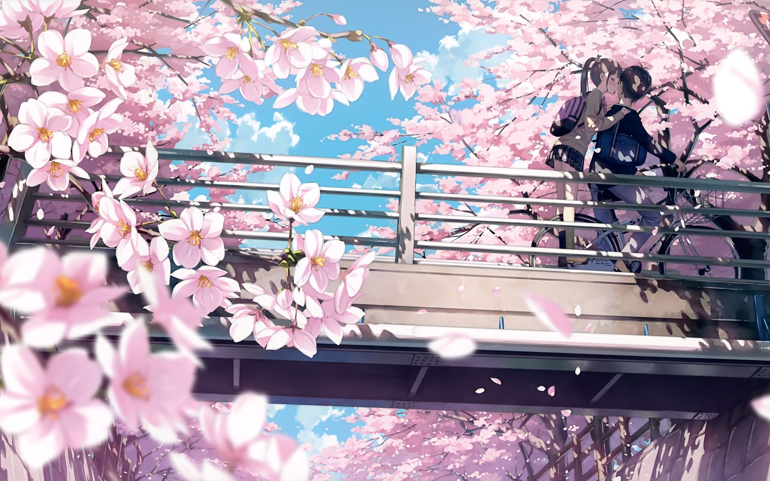 Kissing anime school couple, Blooming sakura blossoms, Pedestrian bridge with bicycle, HD Desktop wallpaper