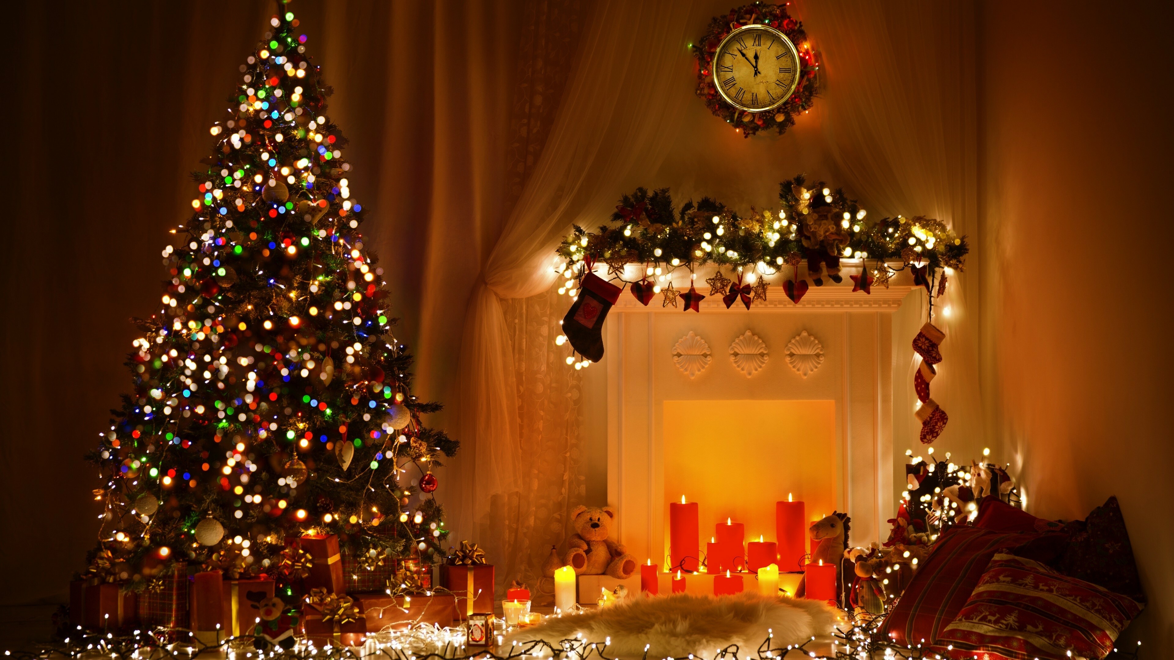 Fireplace, Christmas Trees Wallpaper, 3840x2160 4K Desktop