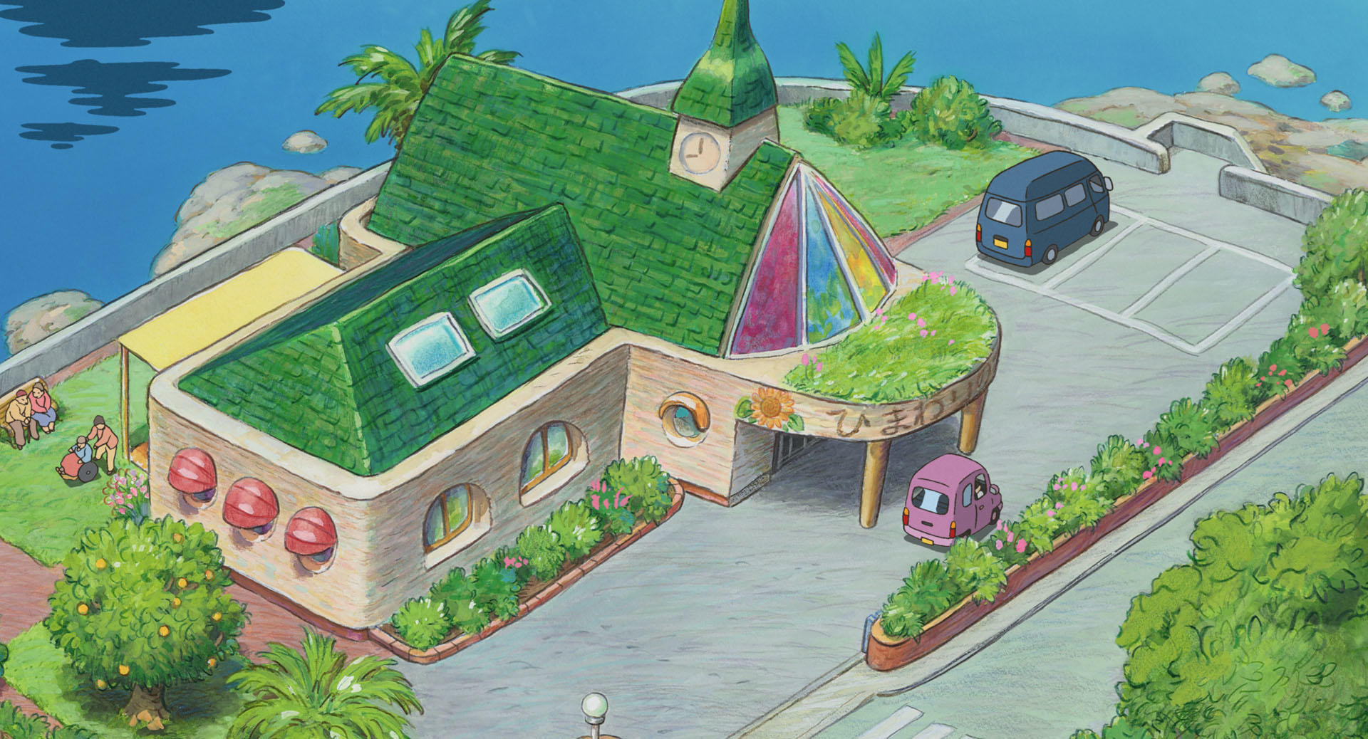 Himawari House, Green-roofed seaside care home, Aerial view, Coastal cliff road, HD Desktop wallpaper