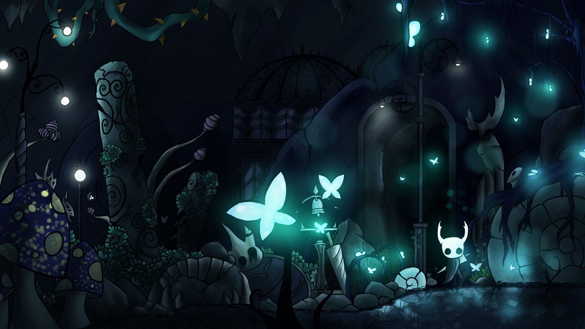 The Knight, Glowing Lumaflies, Hallownest underground ruins, Full HD Desktop wallpaper