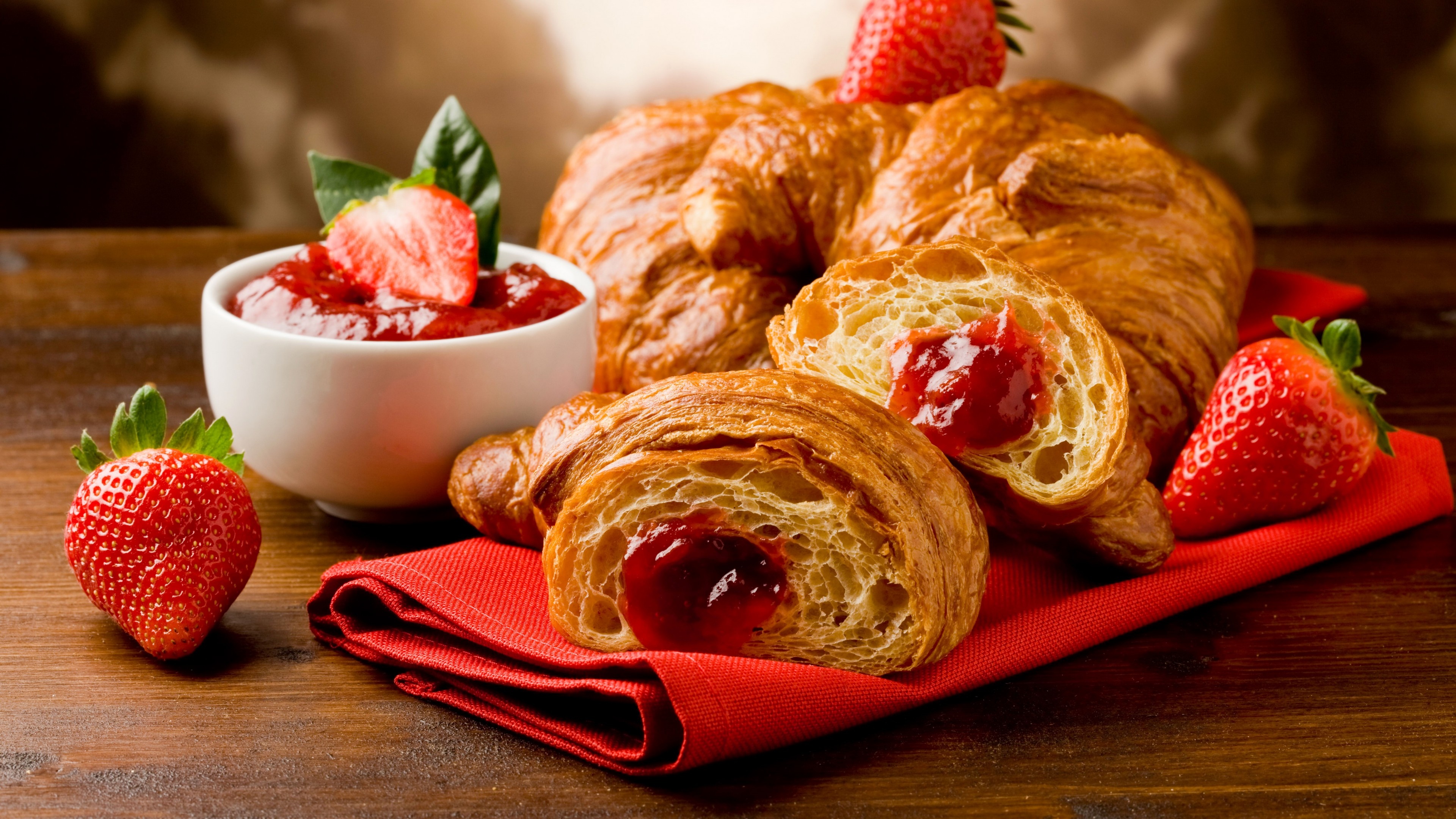 French croissants, Fruit and strawberry jam, Delicious food, Wallpaper, 3840x2160 4K Desktop