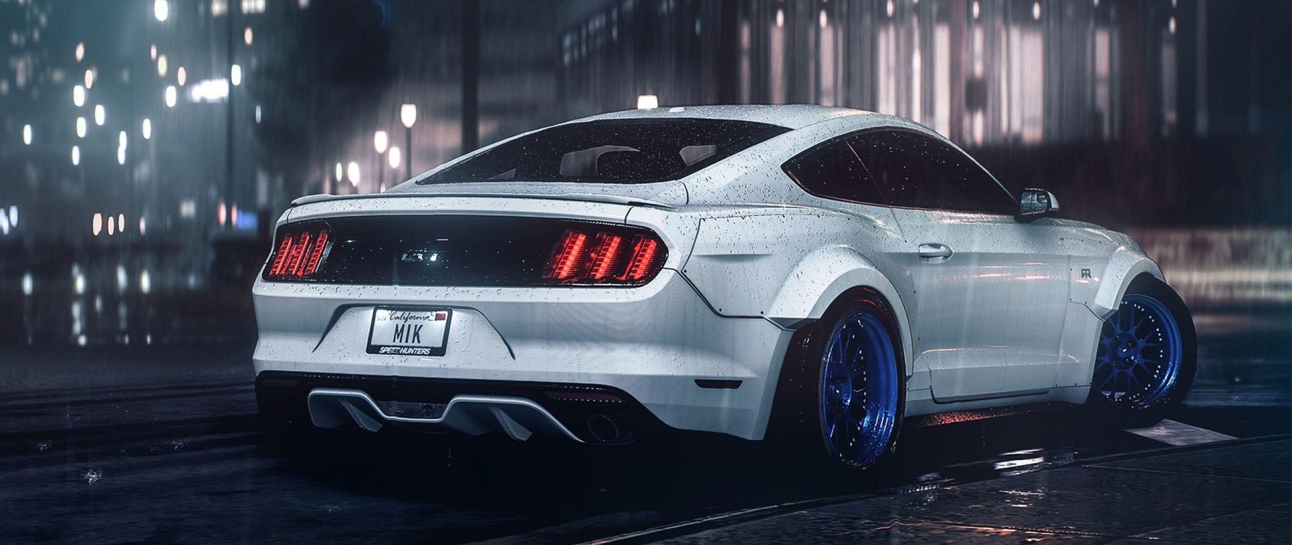 White Ford Mustang GT, Custom widebody kit, Rainy night city street, Dual Screen Desktop wallpaper