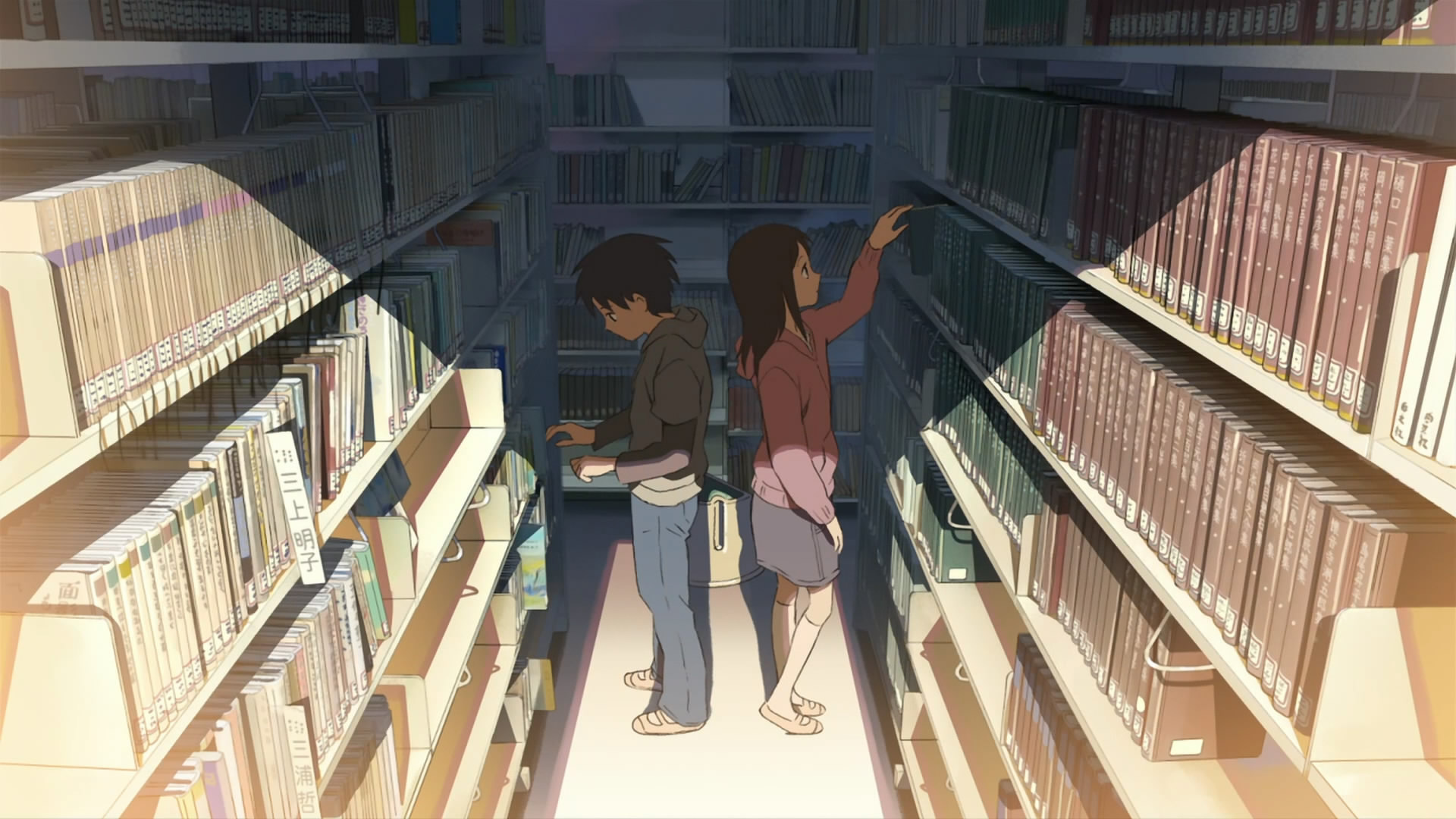 Takaki Tohno, Akari Shinohara, 5 Centimeters per Second, School library bookshelves, Full HD Desktop wallpaper