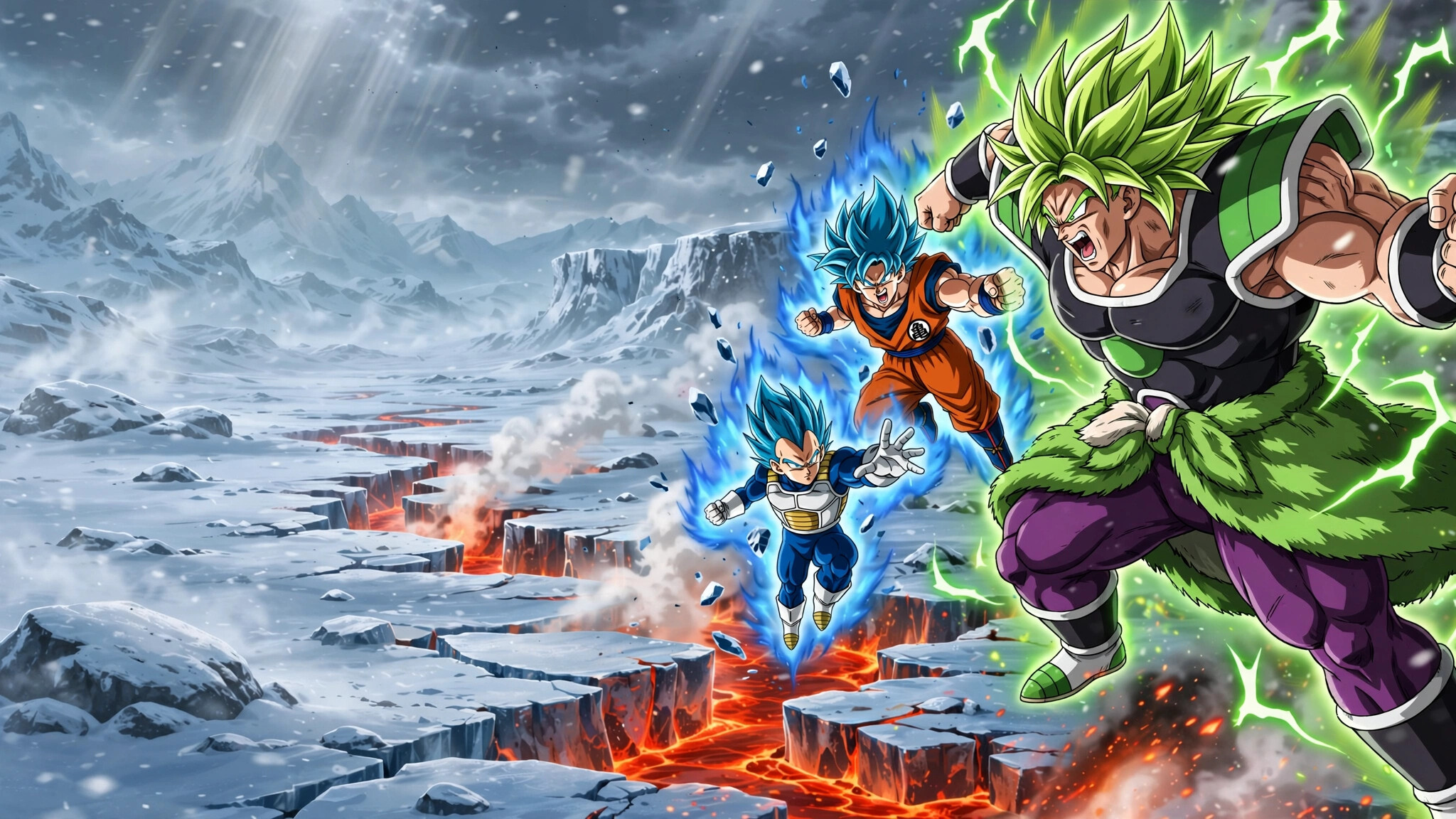 Goku, Vegeta, Broly, Super Saiyan Blue, Legendary Super Saiyan, Frozen wasteland, Lava fissures, Dragon Ball Super: Broly, HD Desktop wallpaper