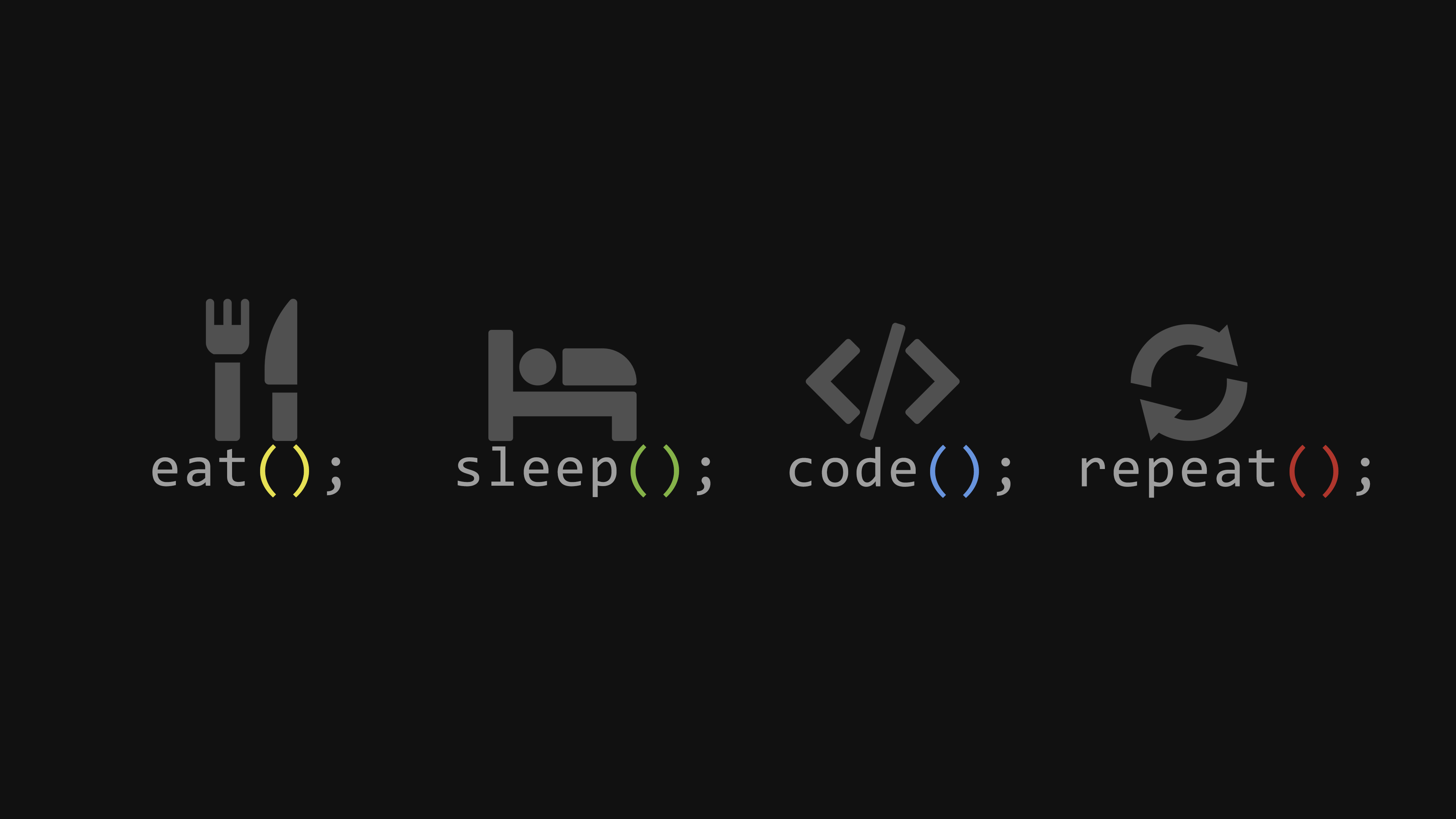 eat(); sleep(); code(); repeat();, programming routine icons, minimalist dark background, 4K Desktop wallpaper