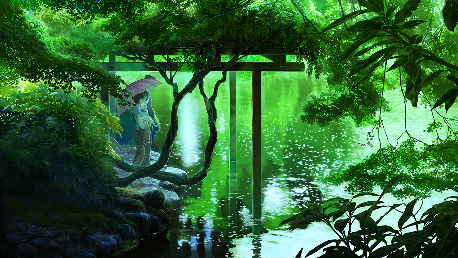 Nature anime, Serene lakes, Green forests, Umbrellas in the rain, 1920x1080 Full HD Desktop