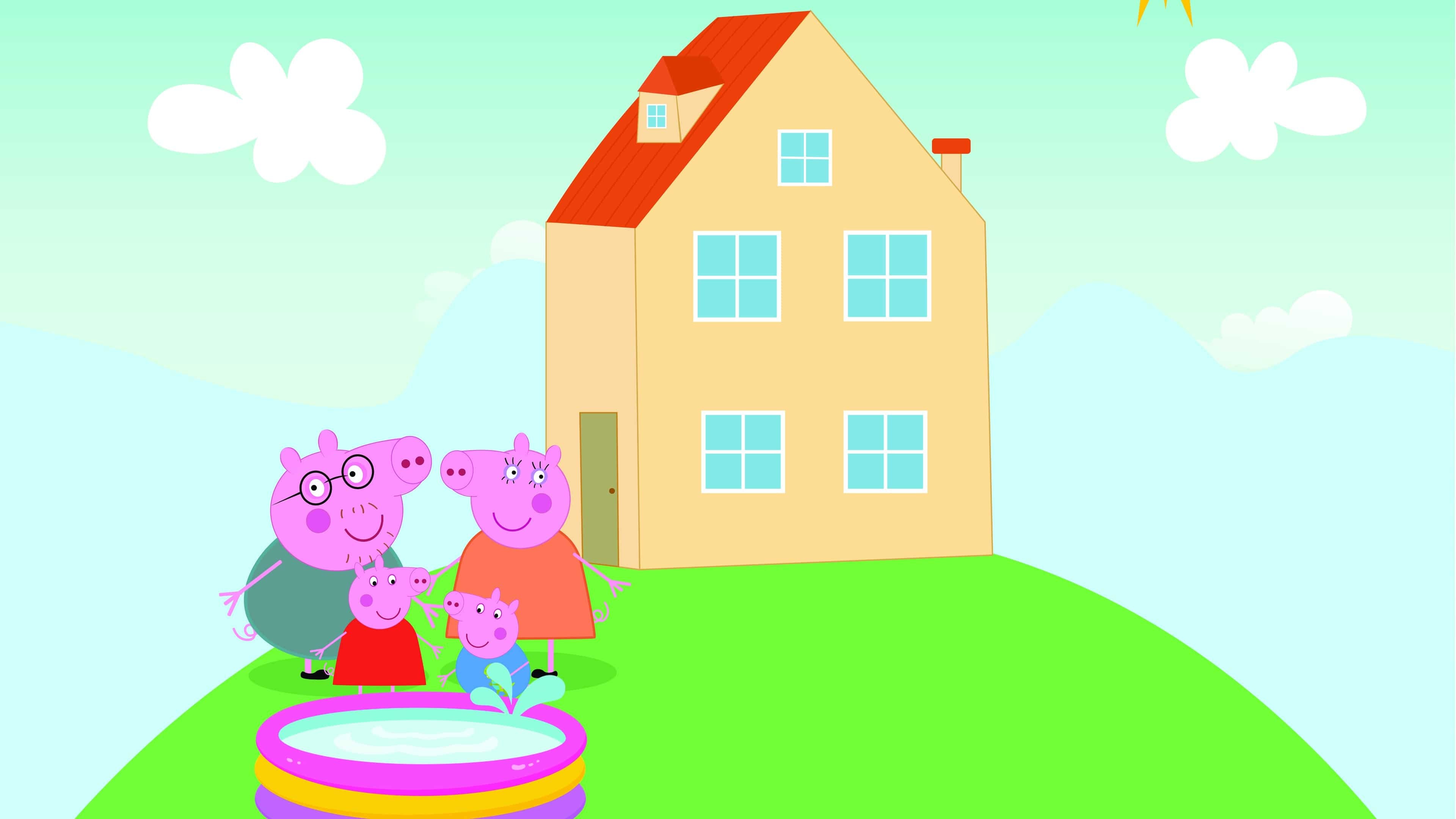 Peppa Pig family, Peppa Pig yellow house, Colorful paddling pool, 4K Desktop wallpaper