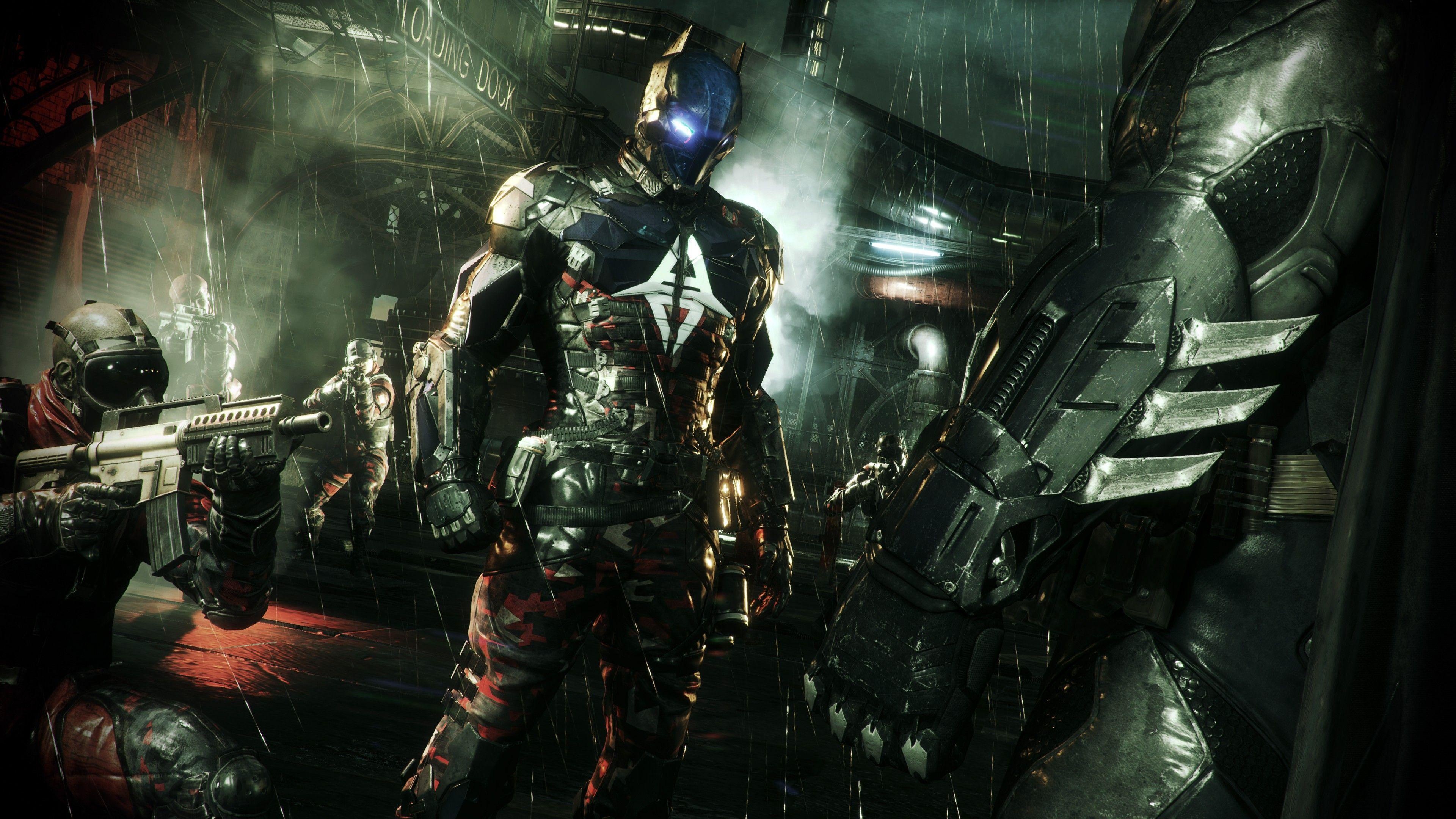 Arkham Knight, Batman armored gauntlet, Arkham Knight militia soldiers, 4K Desktop wallpaper