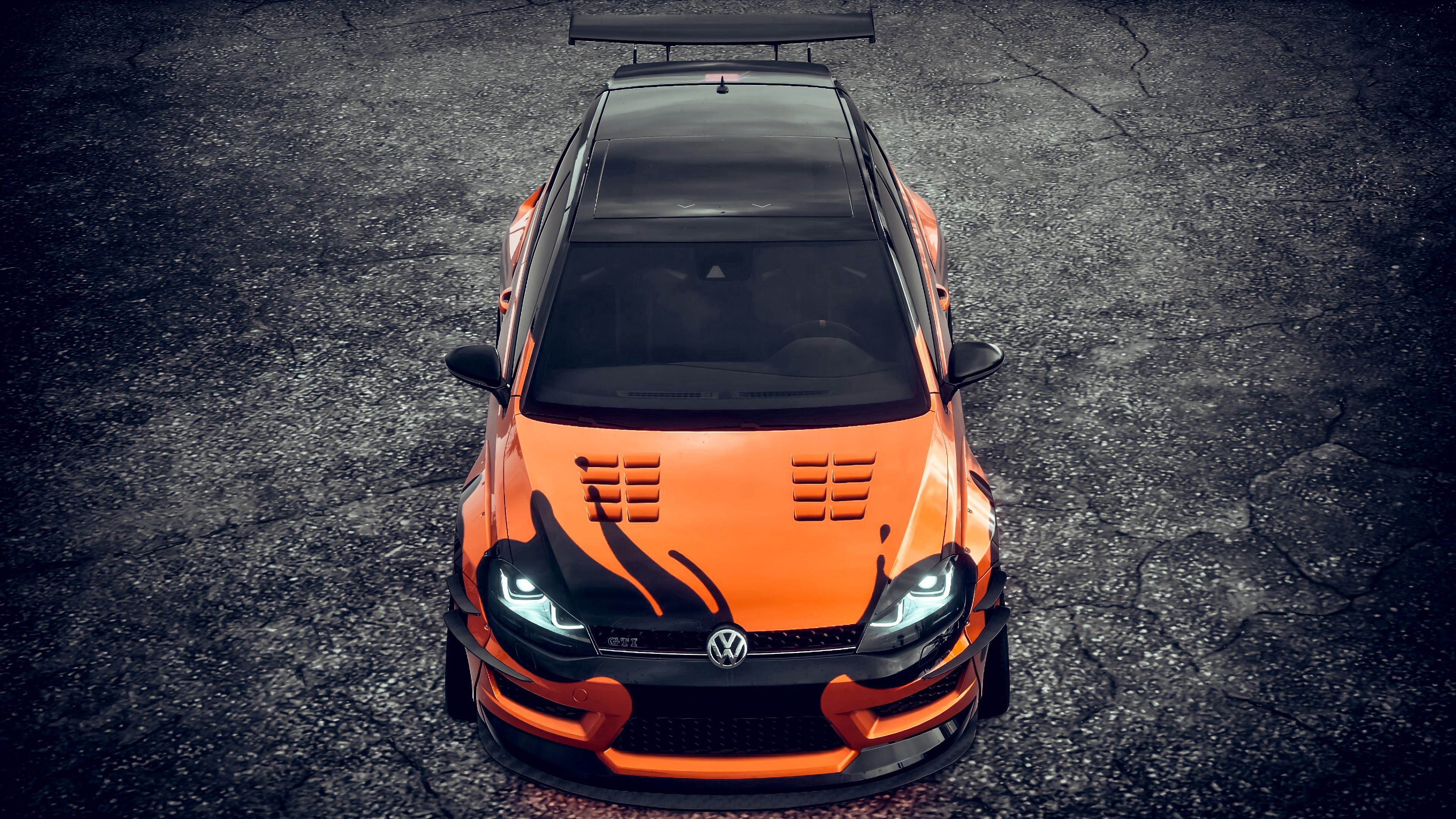 Volkswagen Golf GTI Mk6, widebody aero kit, cracked asphalt pavement, 4K Desktop wallpaper
