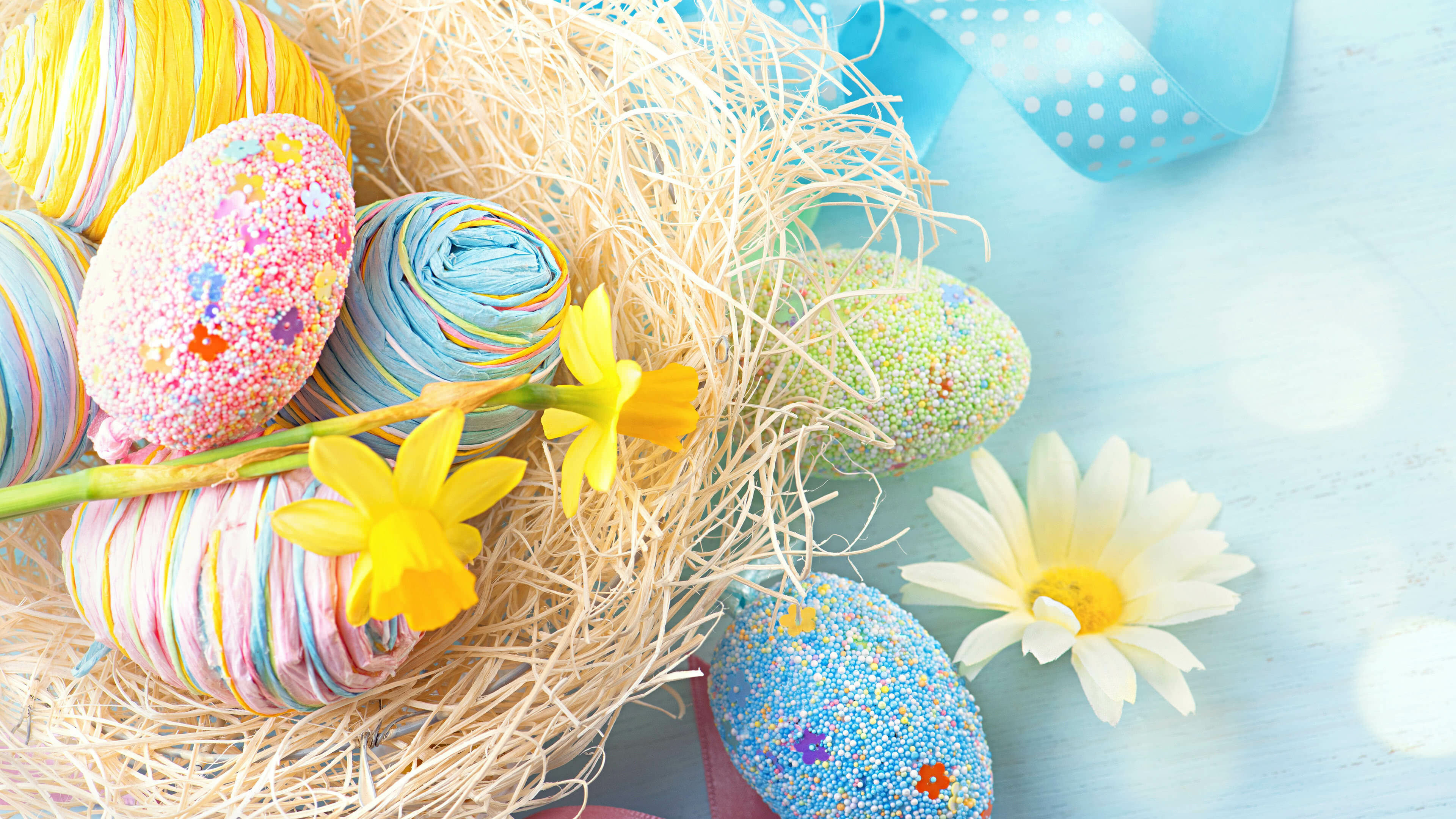 Colorful Easter eggs, Blooming flowers, Uplifting spring vibes, Visual delight, 3840x2160 4K Desktop