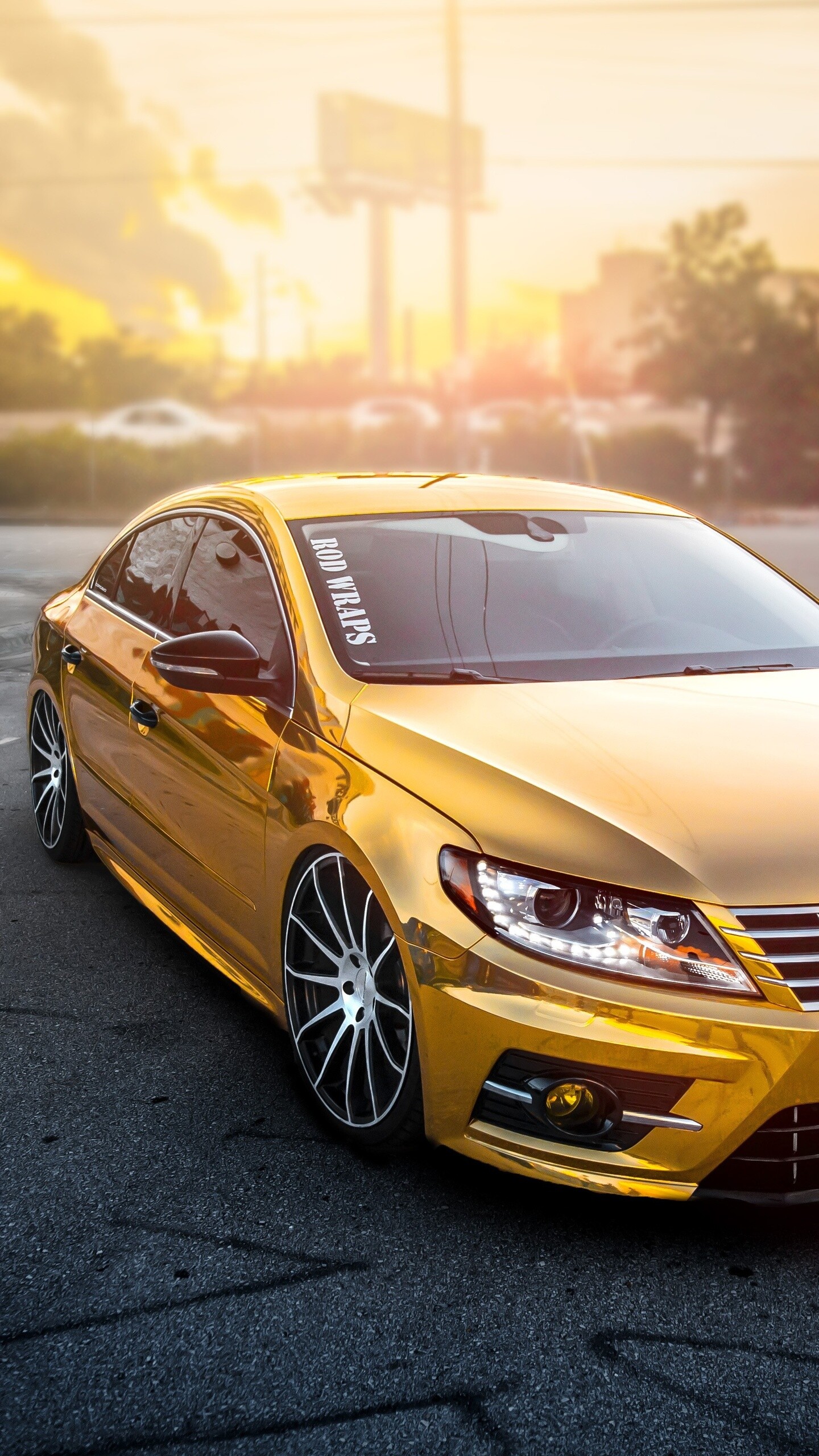 Volkswagen Passat, Gold wrap, Luxurious appearance, Eye-catching design, 1440x2560 HD Phone